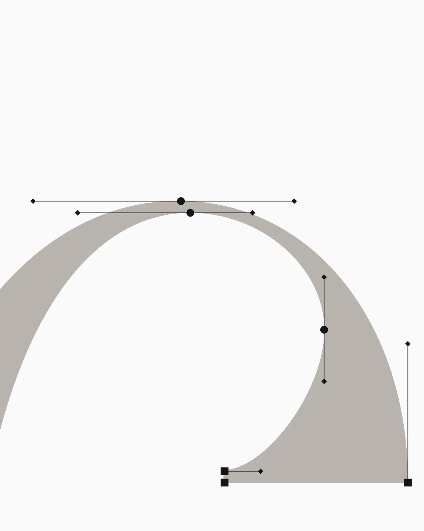 Bézier curve and control points showing the construction of a Dufrene letterform.