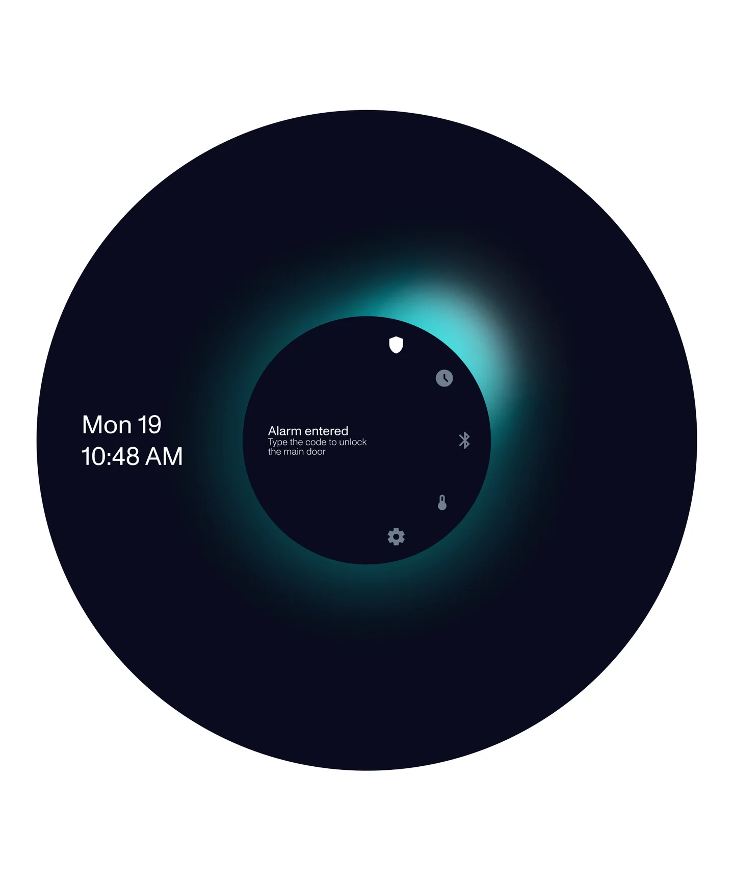 Circular dark clock interface with a blue-green glow and weather information.