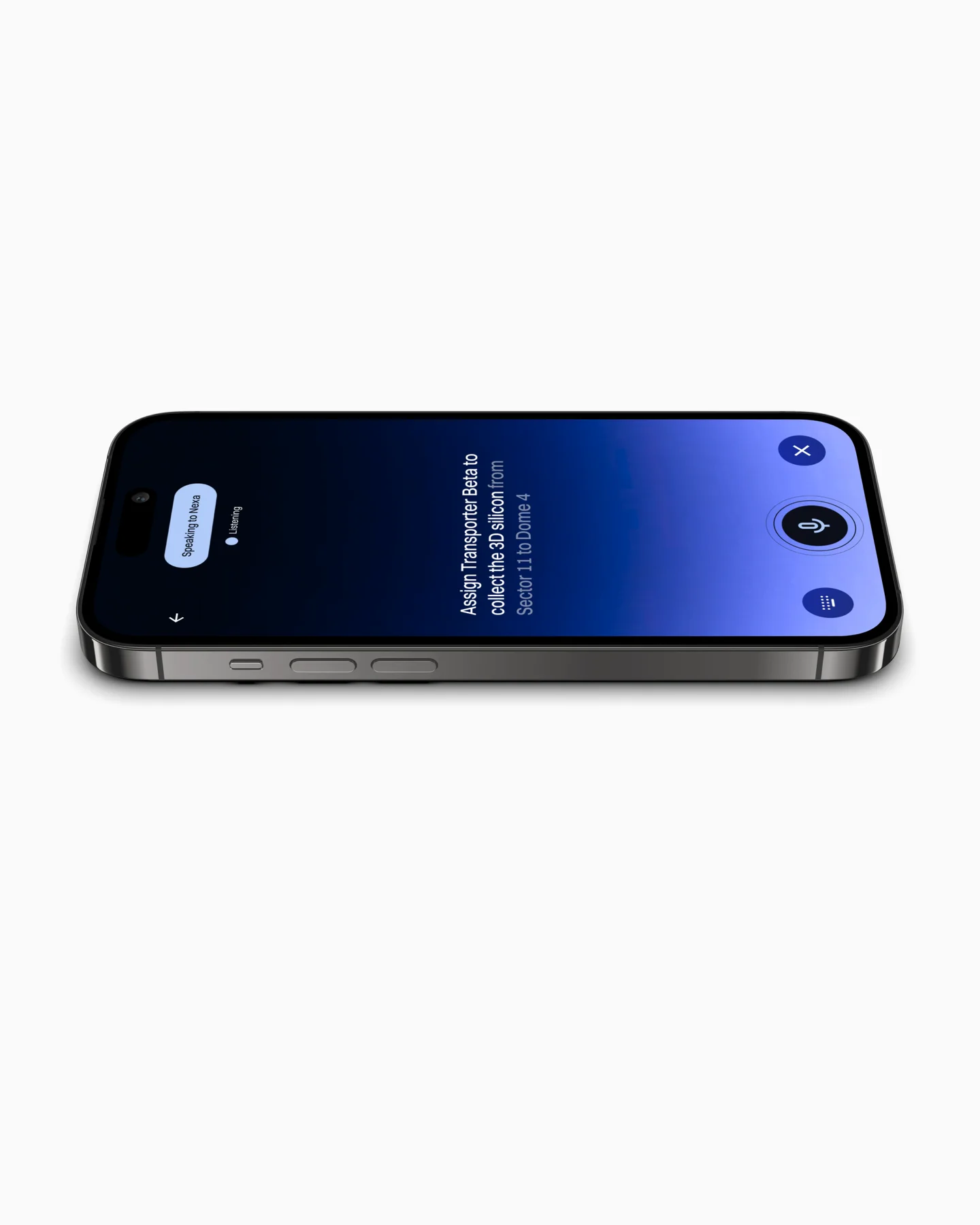 Nexa app displayed on a horizontal phone with a blue gradient interface.