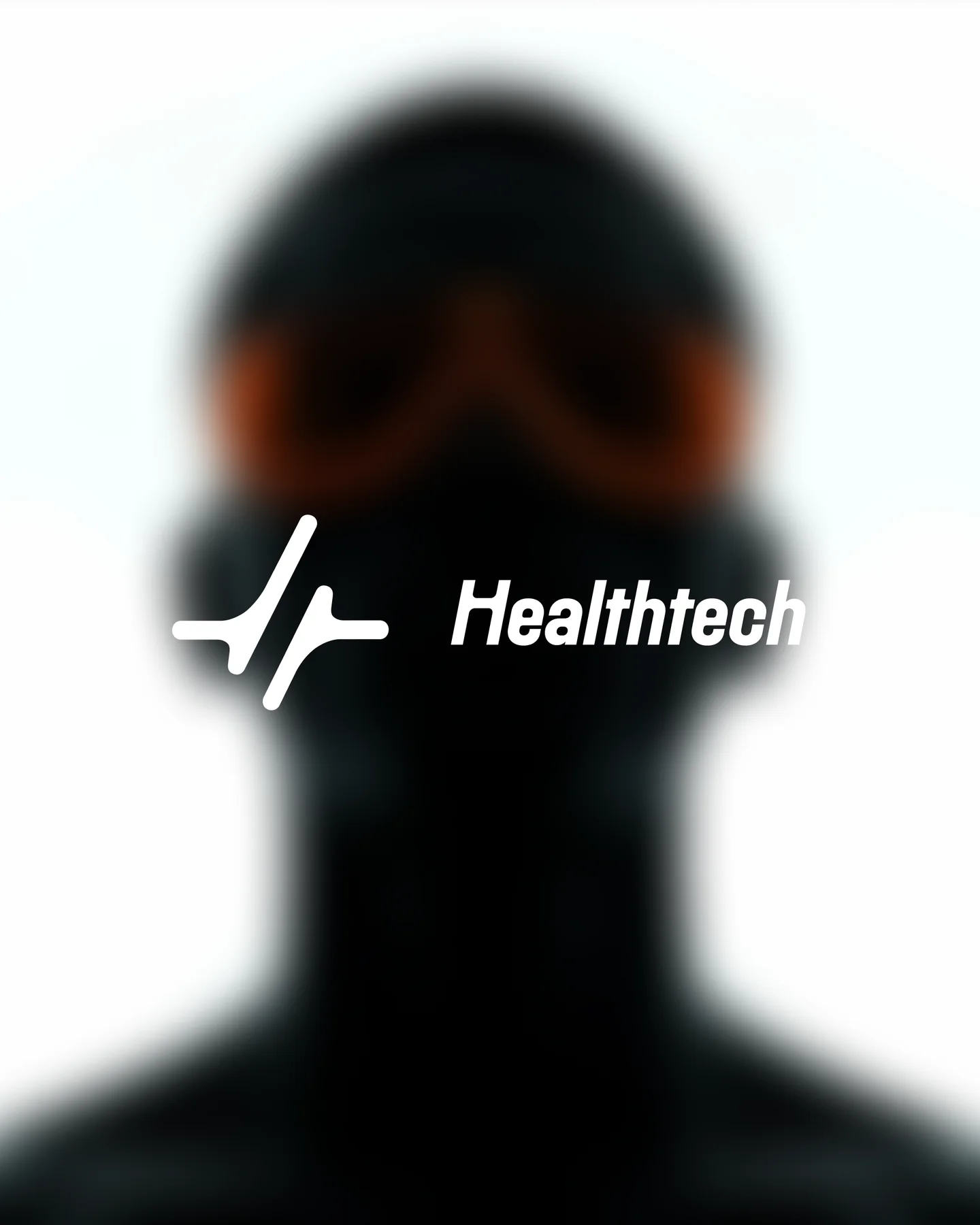 Healthtech pulse symbol and wordmark over a blurred figure wearing goggles.