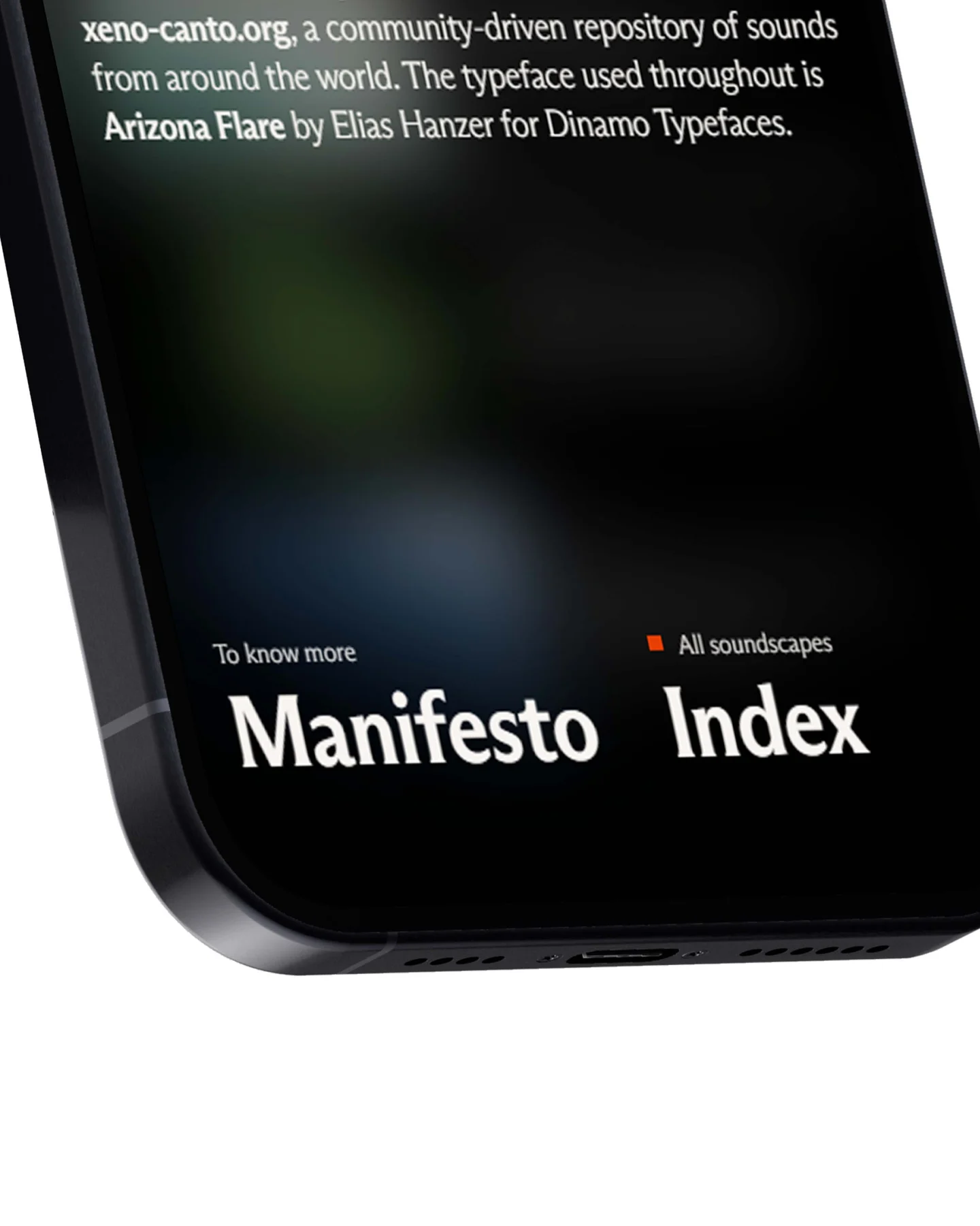 Mobile website detail with Manifesto and Index navigation.