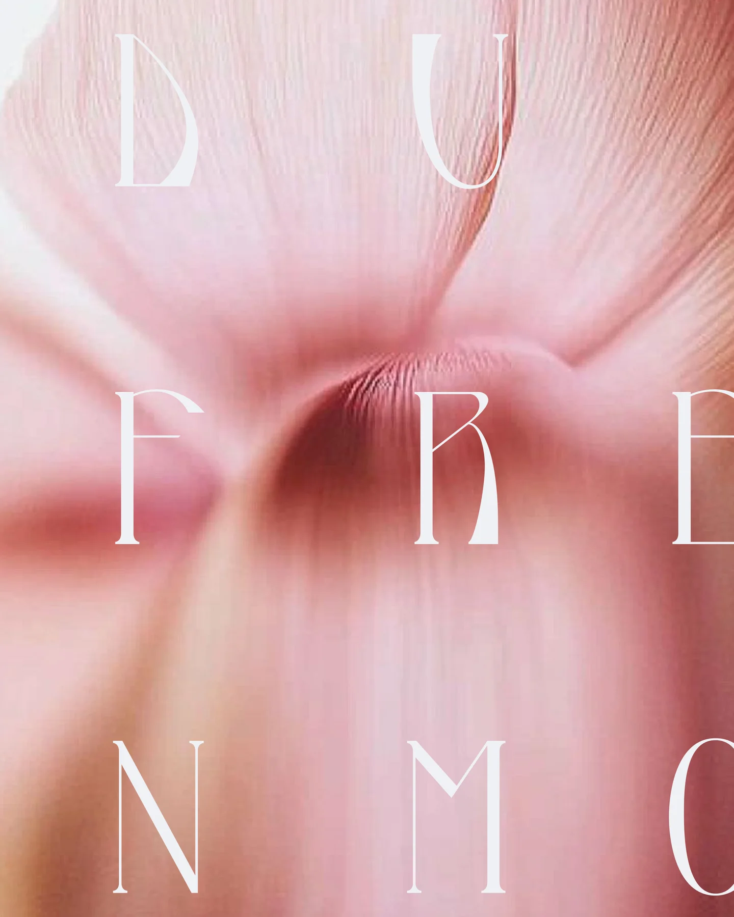 Dufrene lettering arranged over a blurred pink floral background.
