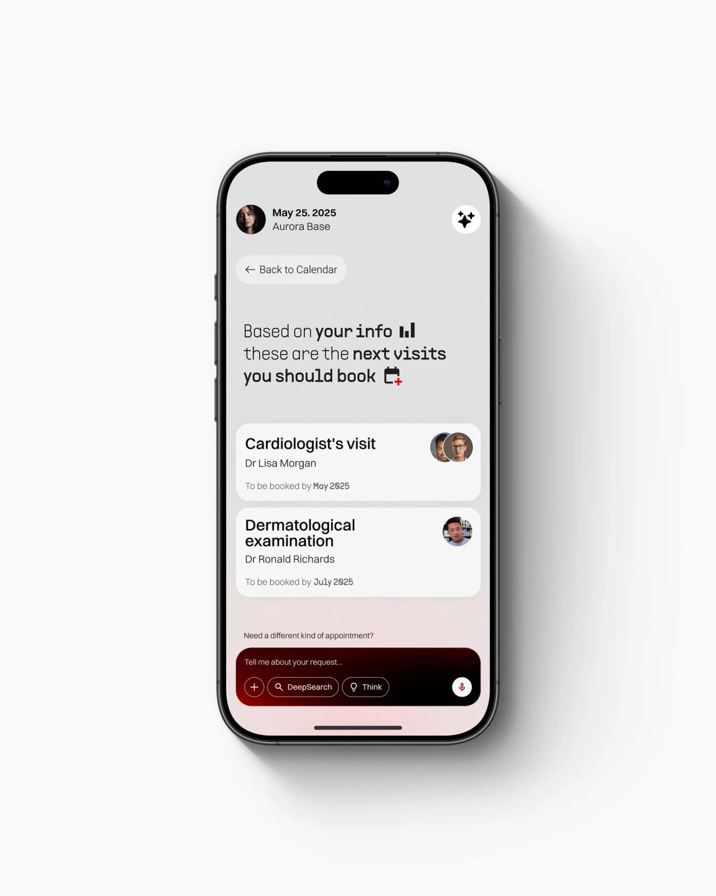 Healthtech mobile dashboard with a health assistant and upcoming appointments.