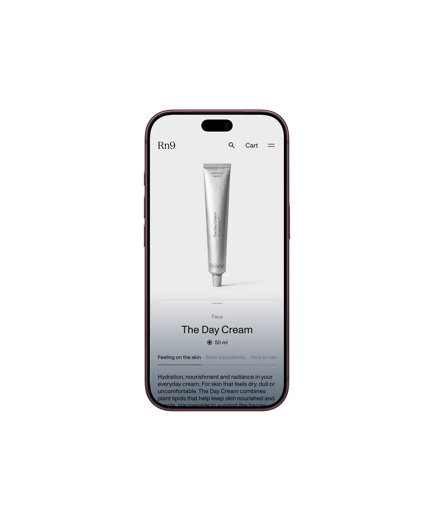 Réneuf Day Cream product page displayed on a phone.