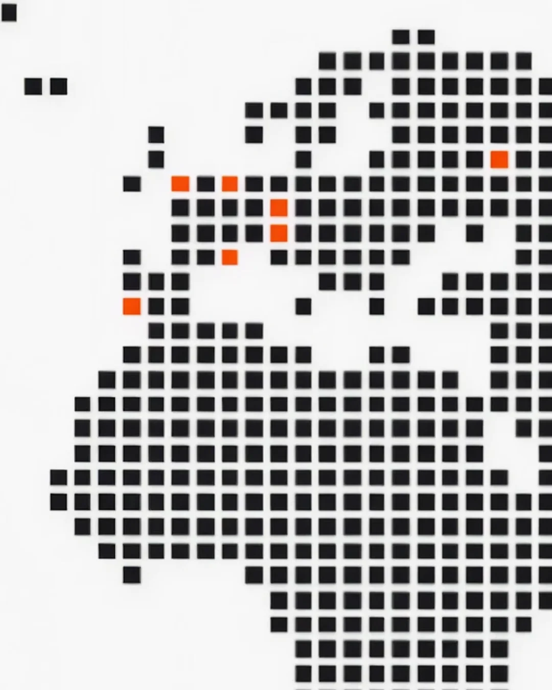 A pixelated black world map with selected locations highlighted in orange.
