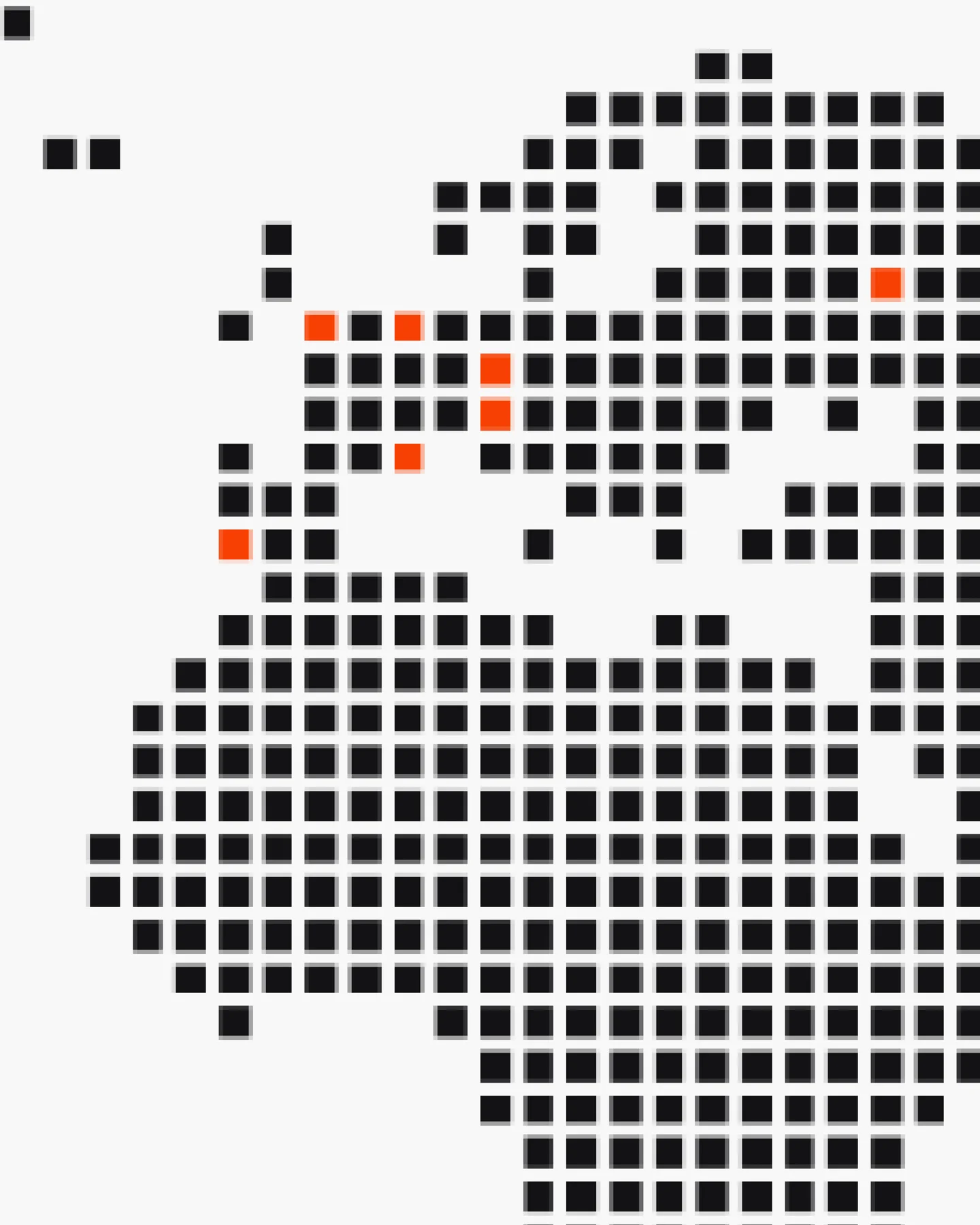 A pixelated black world map with selected locations highlighted in orange.