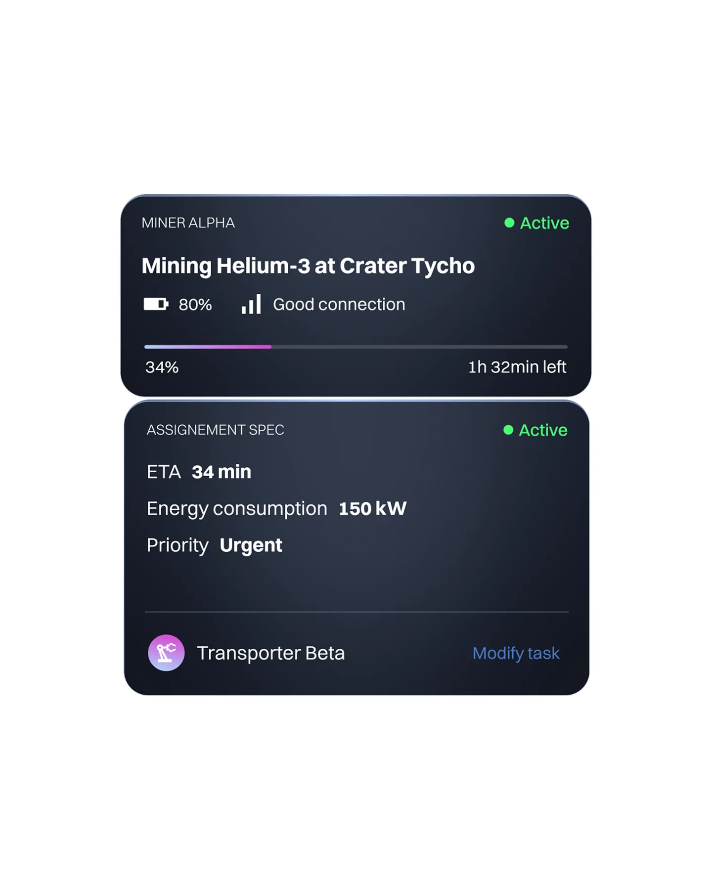 Nexa task card showing mining progress, connection status and an assignment.