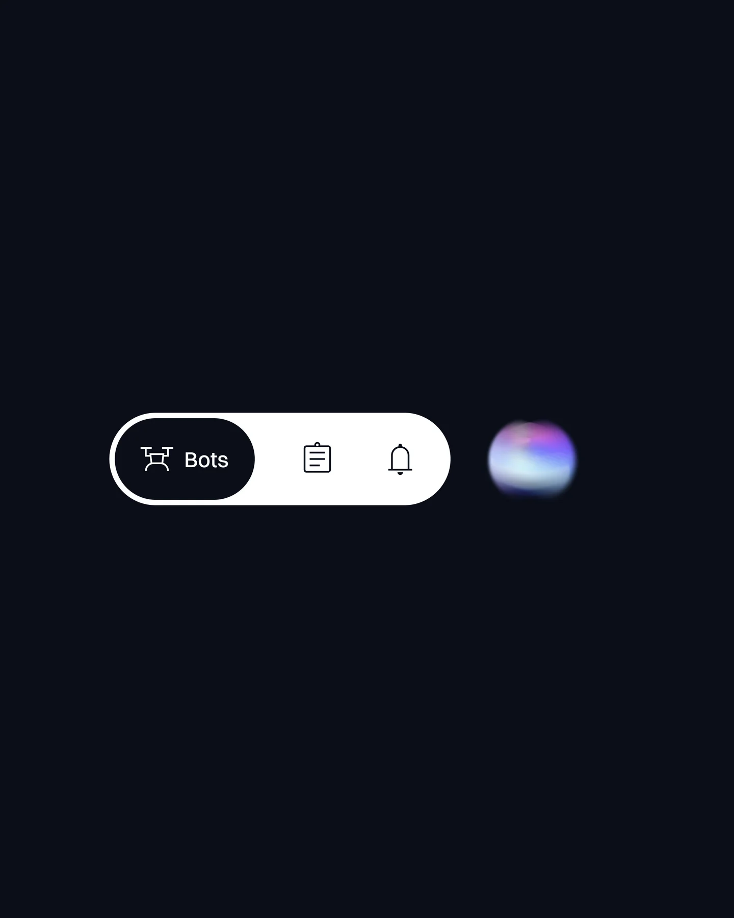 Nexa navigation bar with Bots, task and notification icons beside a glowing orb.