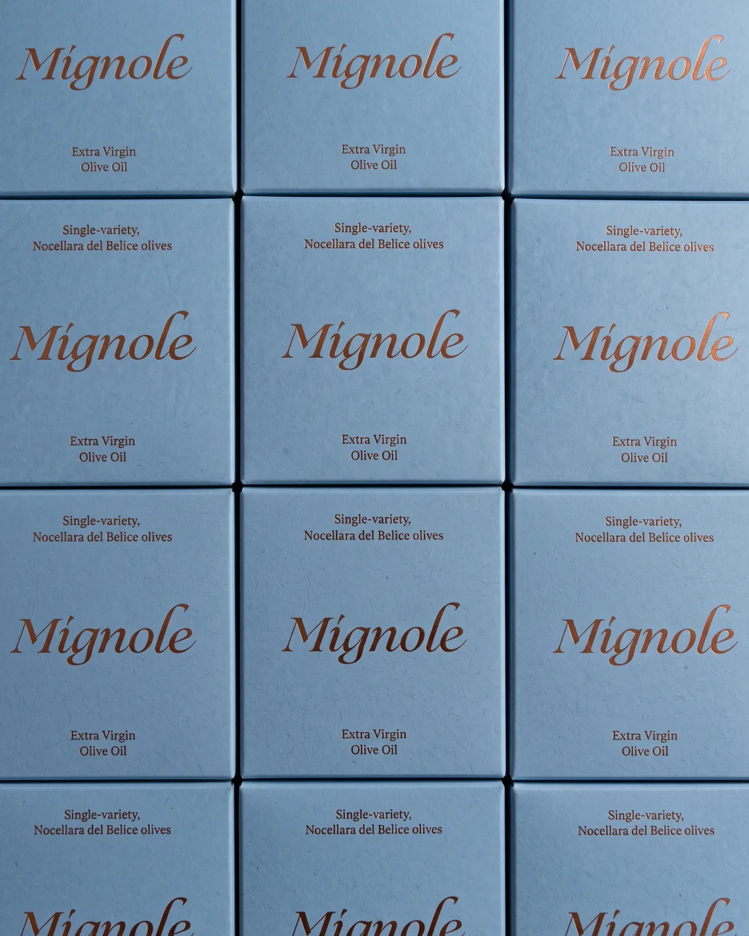 Mignole wordmark with single-variety Nocellara del Belice olive oil labeling.