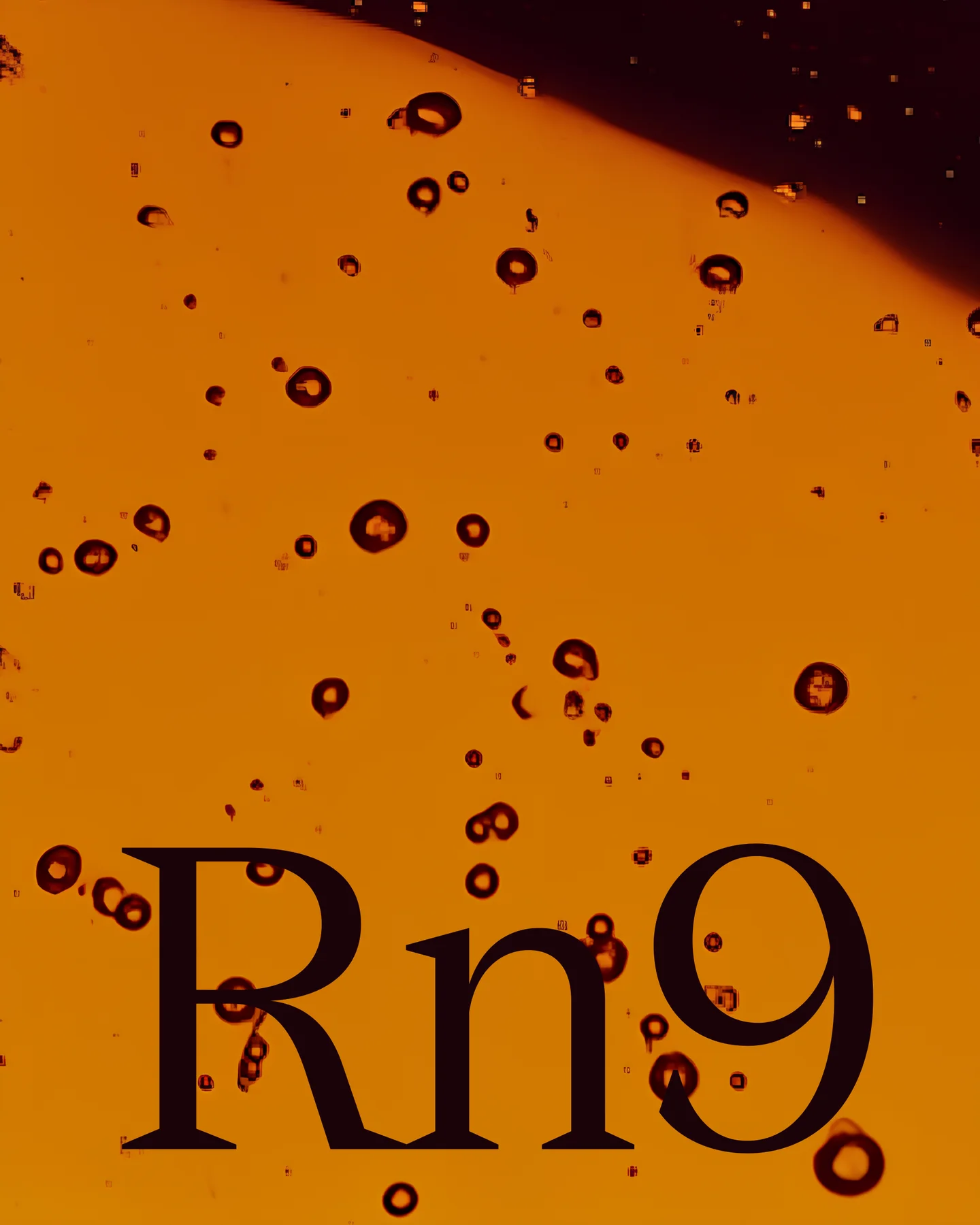 Rn9 monogram over an amber liquid filled with bubbles.