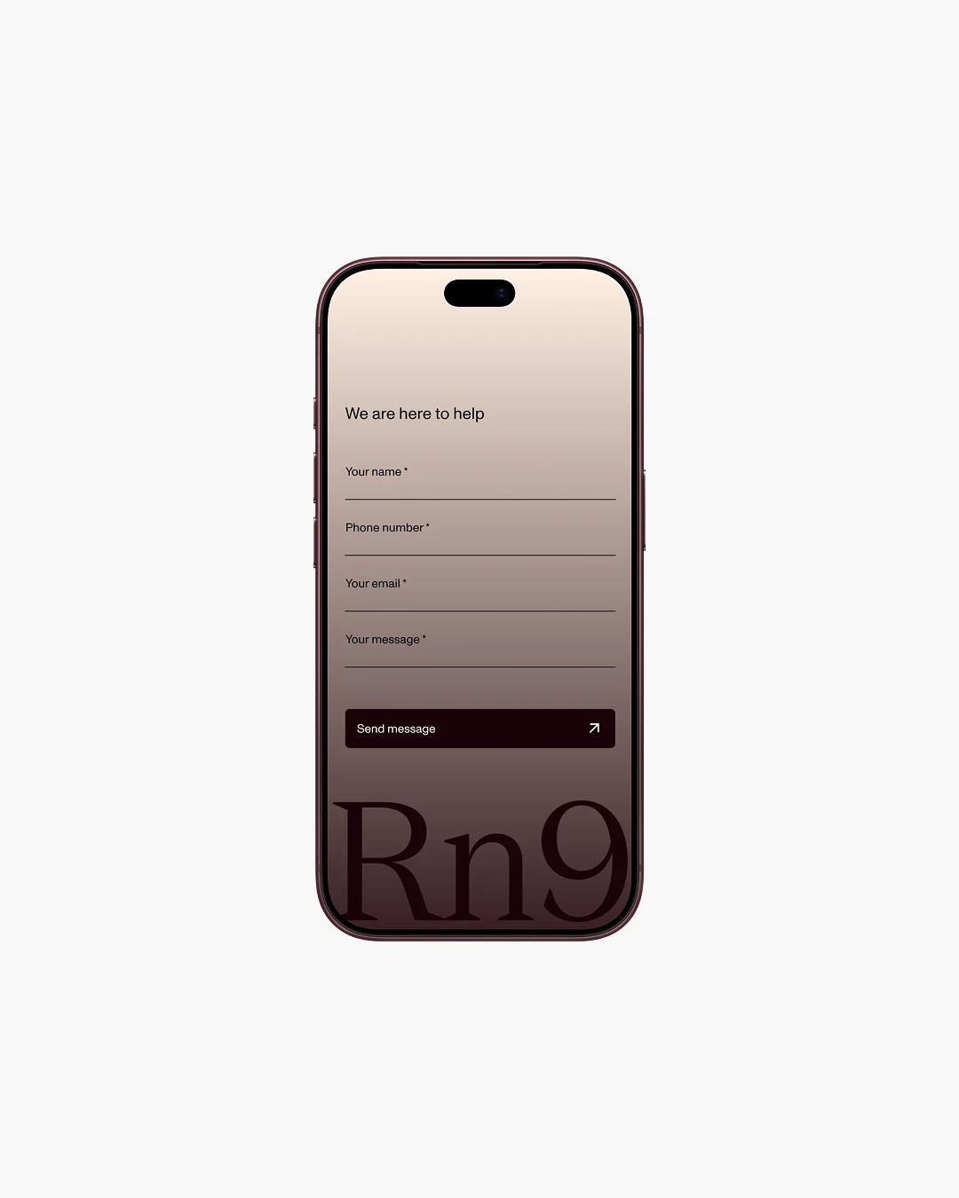 Rn9 monogram over an amber liquid filled with bubbles.