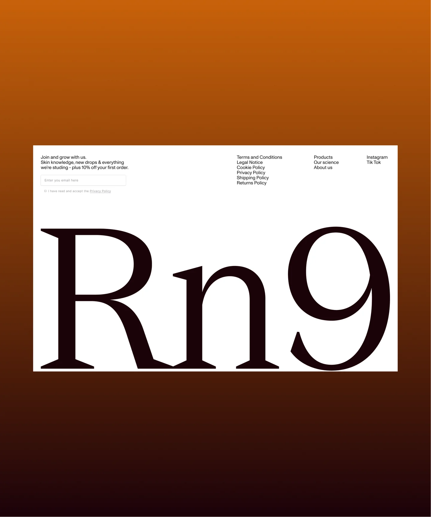 Rn9 skincare identity card over a warm orange-to-burgundy gradient.