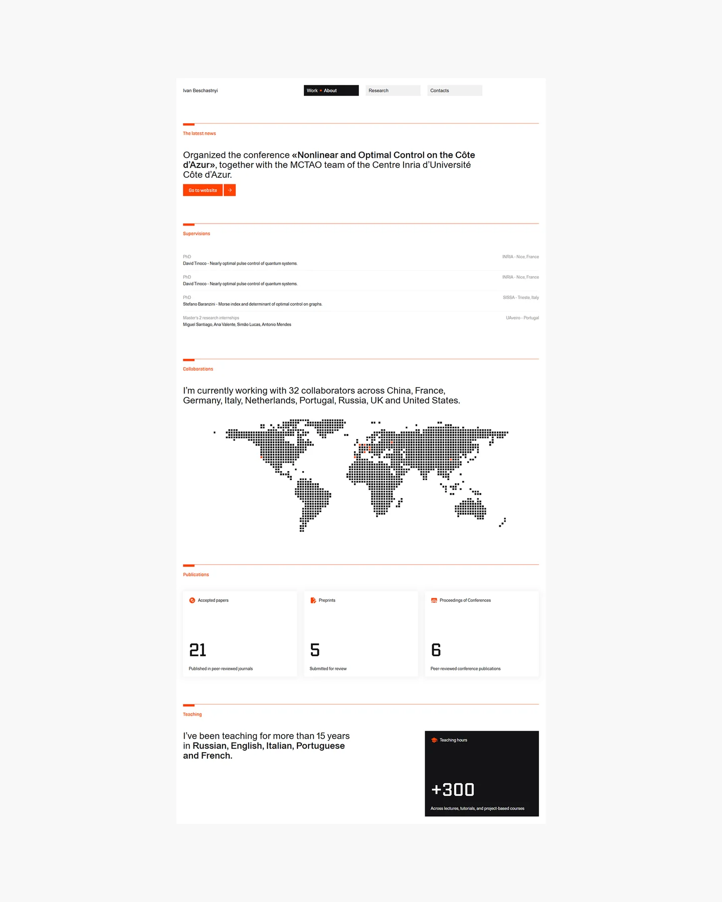 Full-page desktop layout of Ivan Beschastnyi’s academic website.