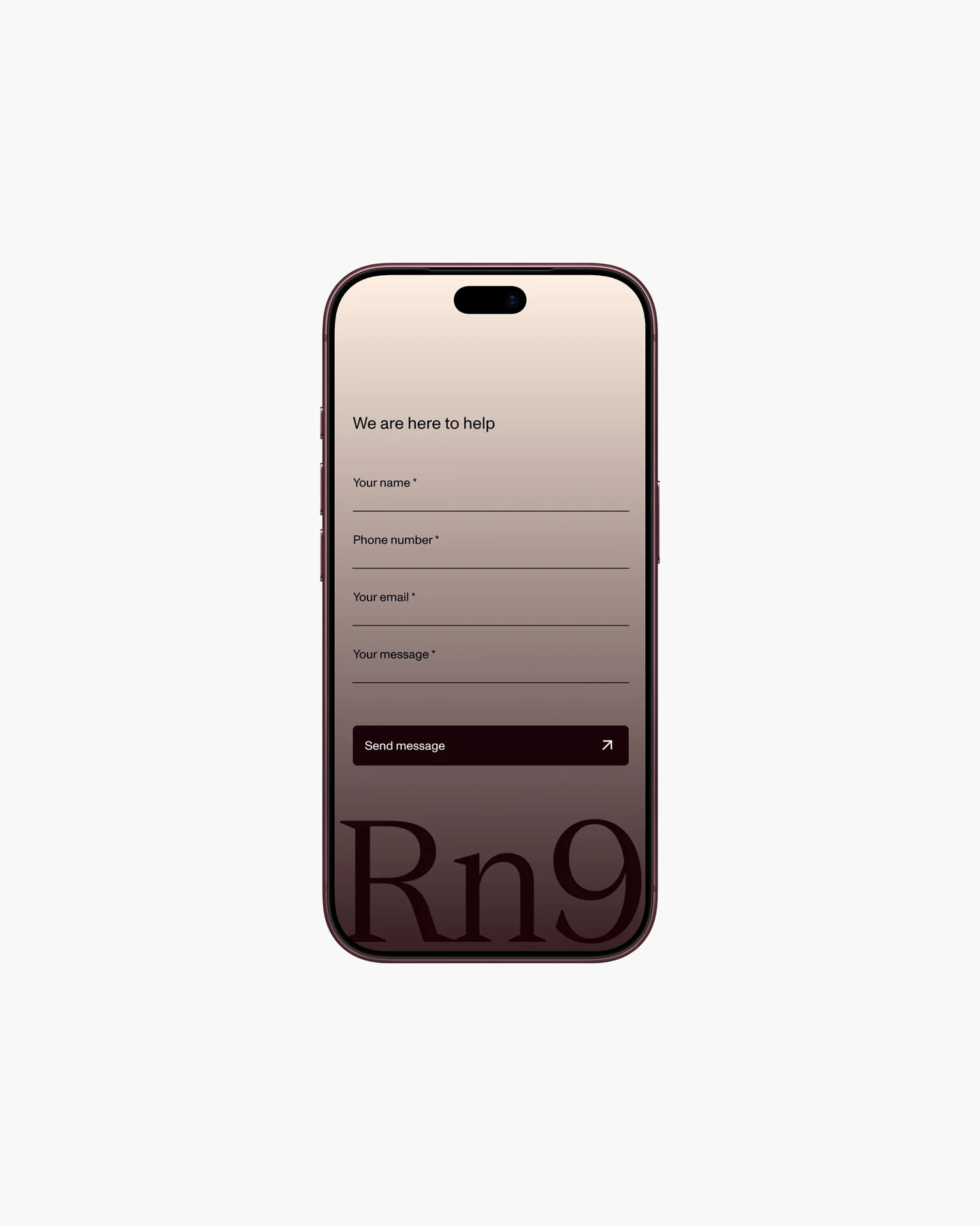 Réneuf mobile contact form above an oversized Rn9 monogram.
