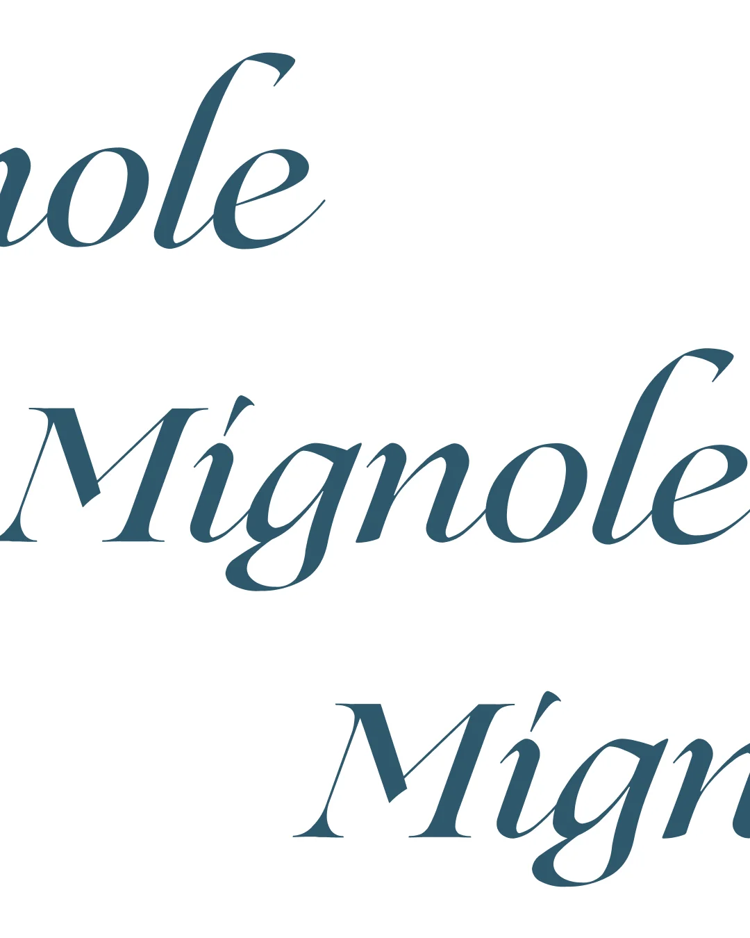 Enlarged blue Mignole wordmarks on a white background.