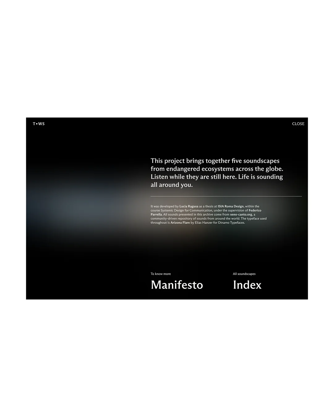 The Wild Silence manifesto screen describing its endangered-ecosystem soundscapes, with project credits and Manifesto and Index navigation.