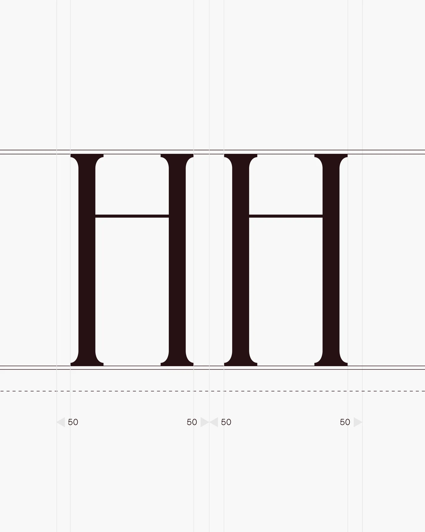 Two capital H letterforms with spacing and proportion guides.