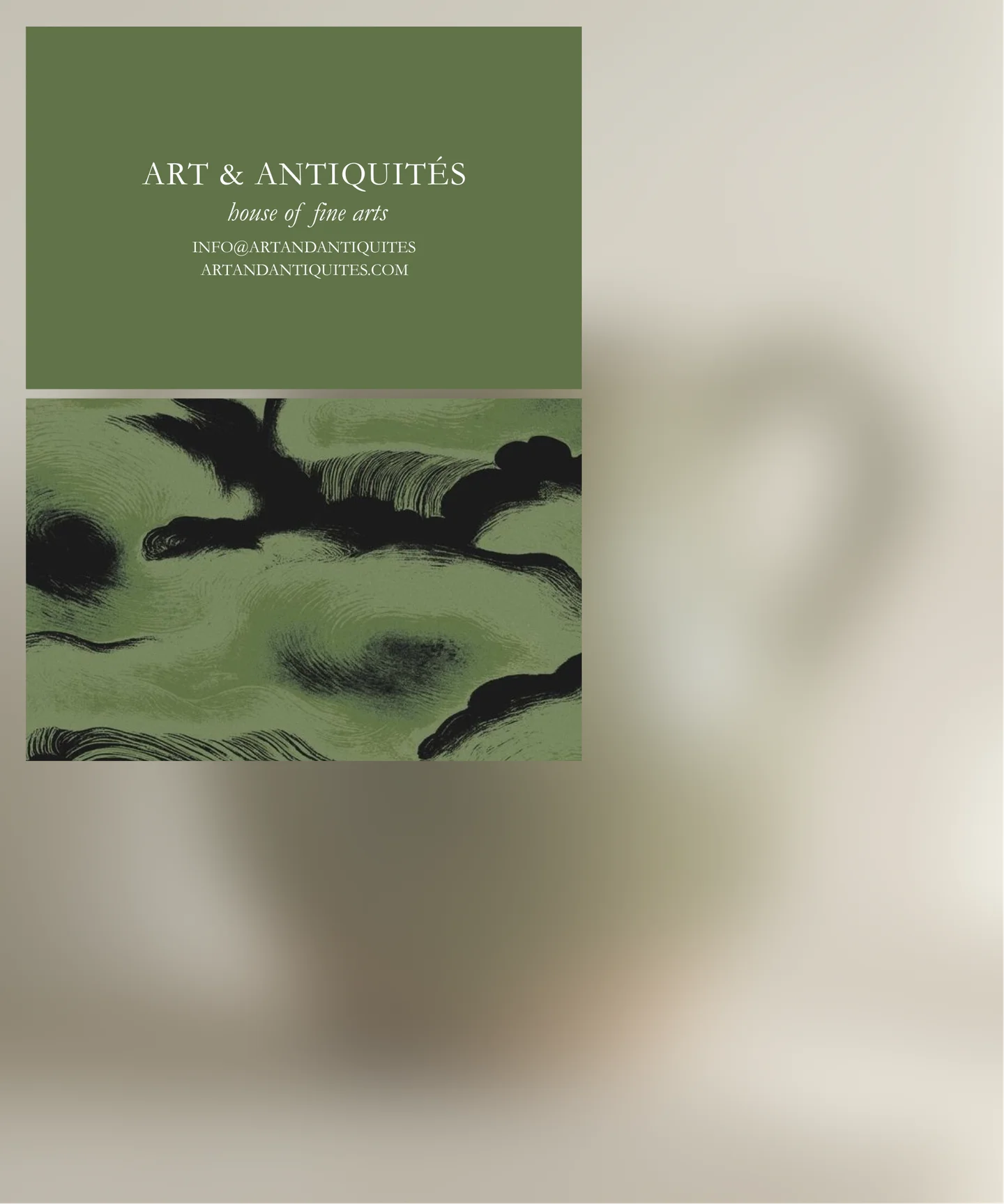 Green Art & Antiquités card with an abstract dark illustration and blurred shadow.