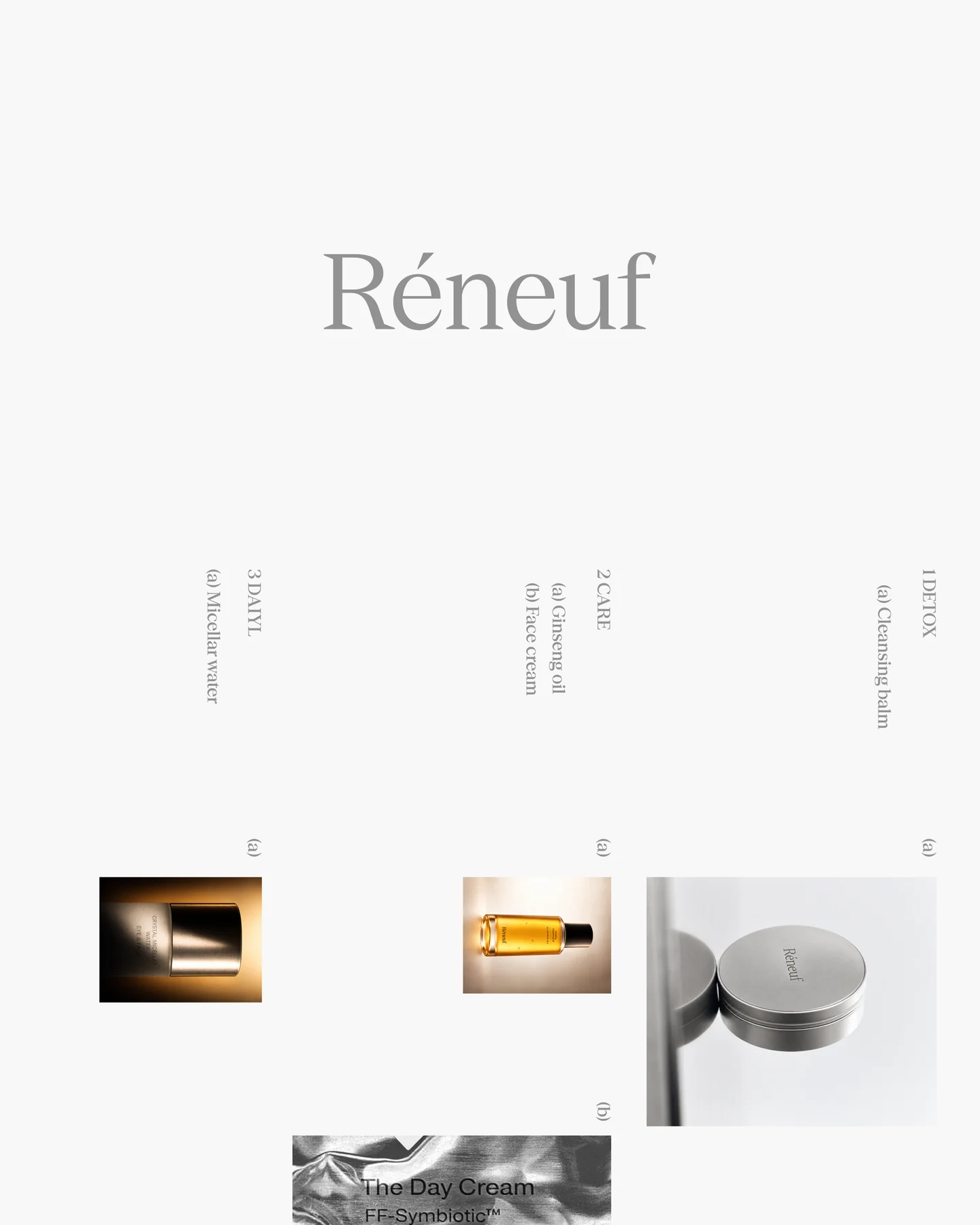 Réneuf desktop website layout combining typography and skincare product images.