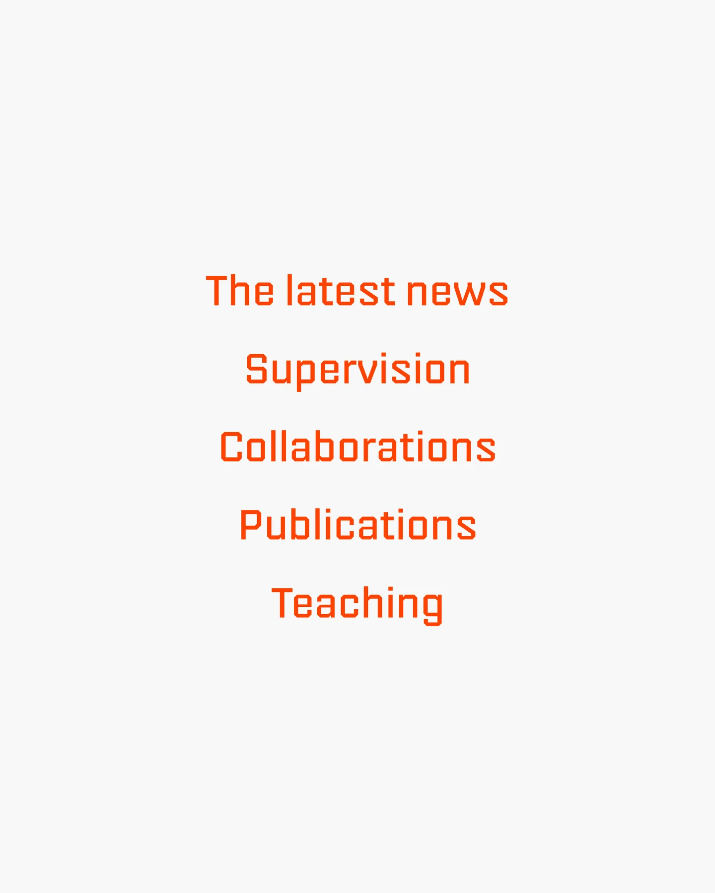 Orange text links for news, supervision, collaborations, publications and teaching.