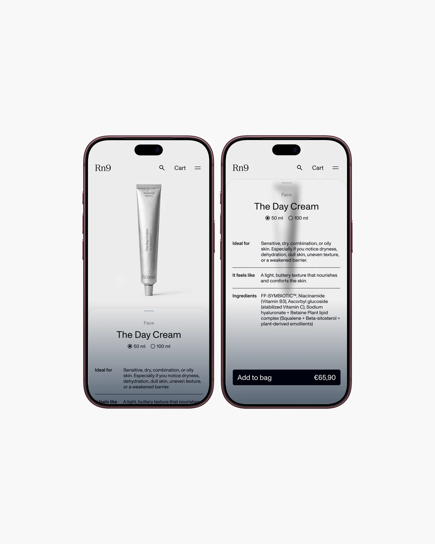 Two mobile product pages presenting The Day Cream.