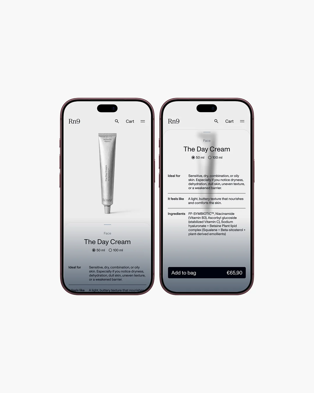 Two mobile product pages presenting The Day Cream.