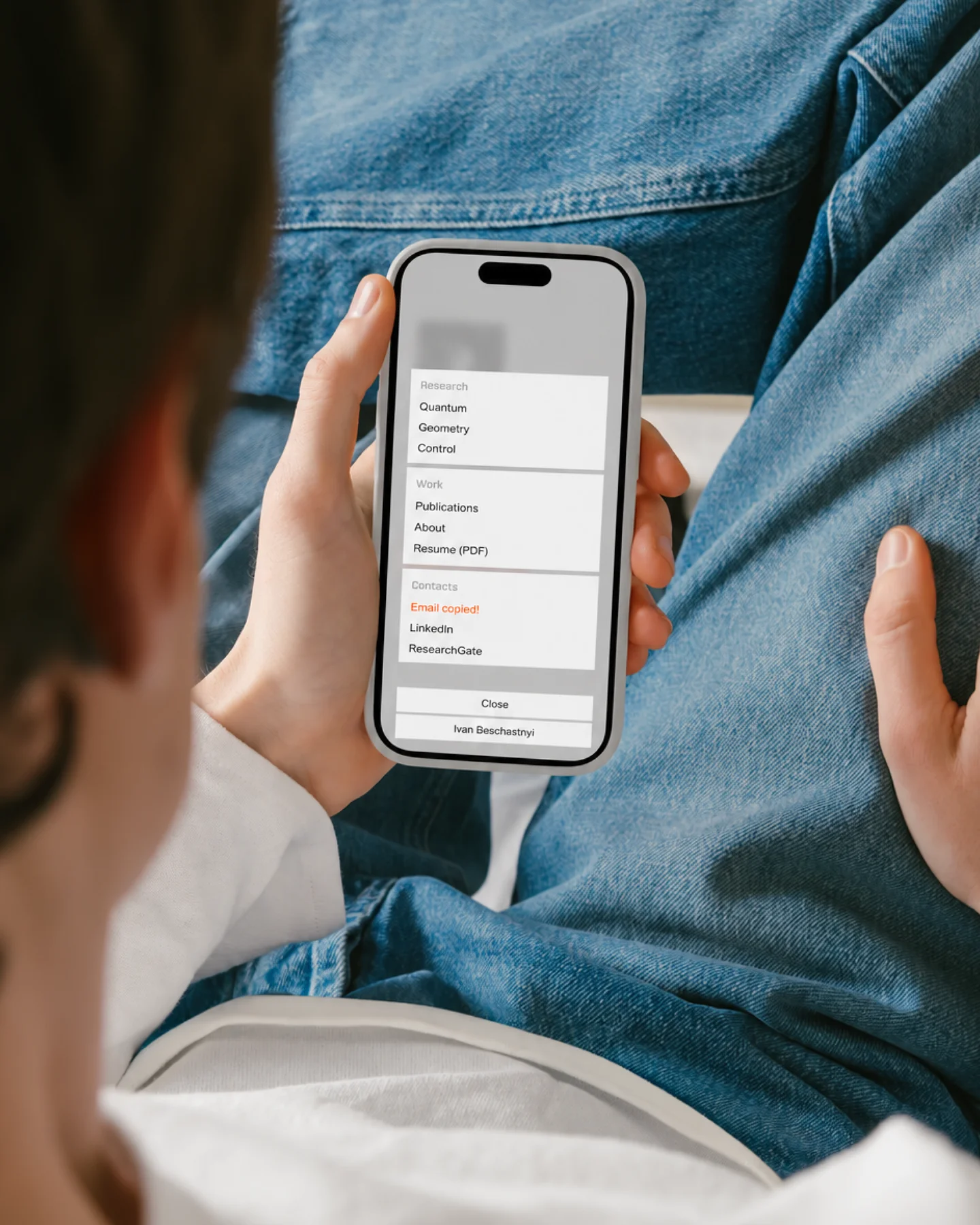 A person browsing Ivan Beschastnyi’s website on a phone.