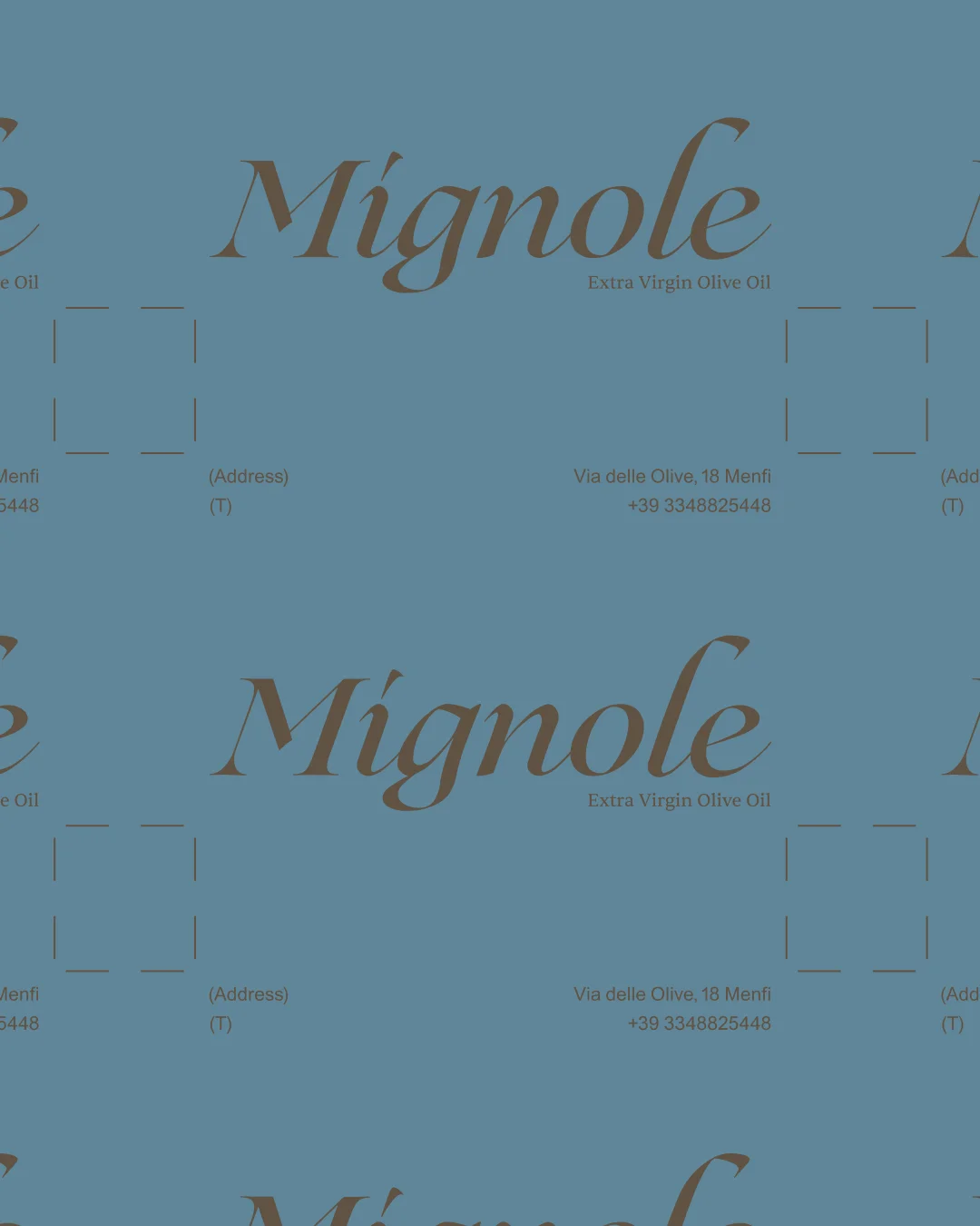 Mignole olive oil identity with repeating brown wordmarks and contact details on a blue background.