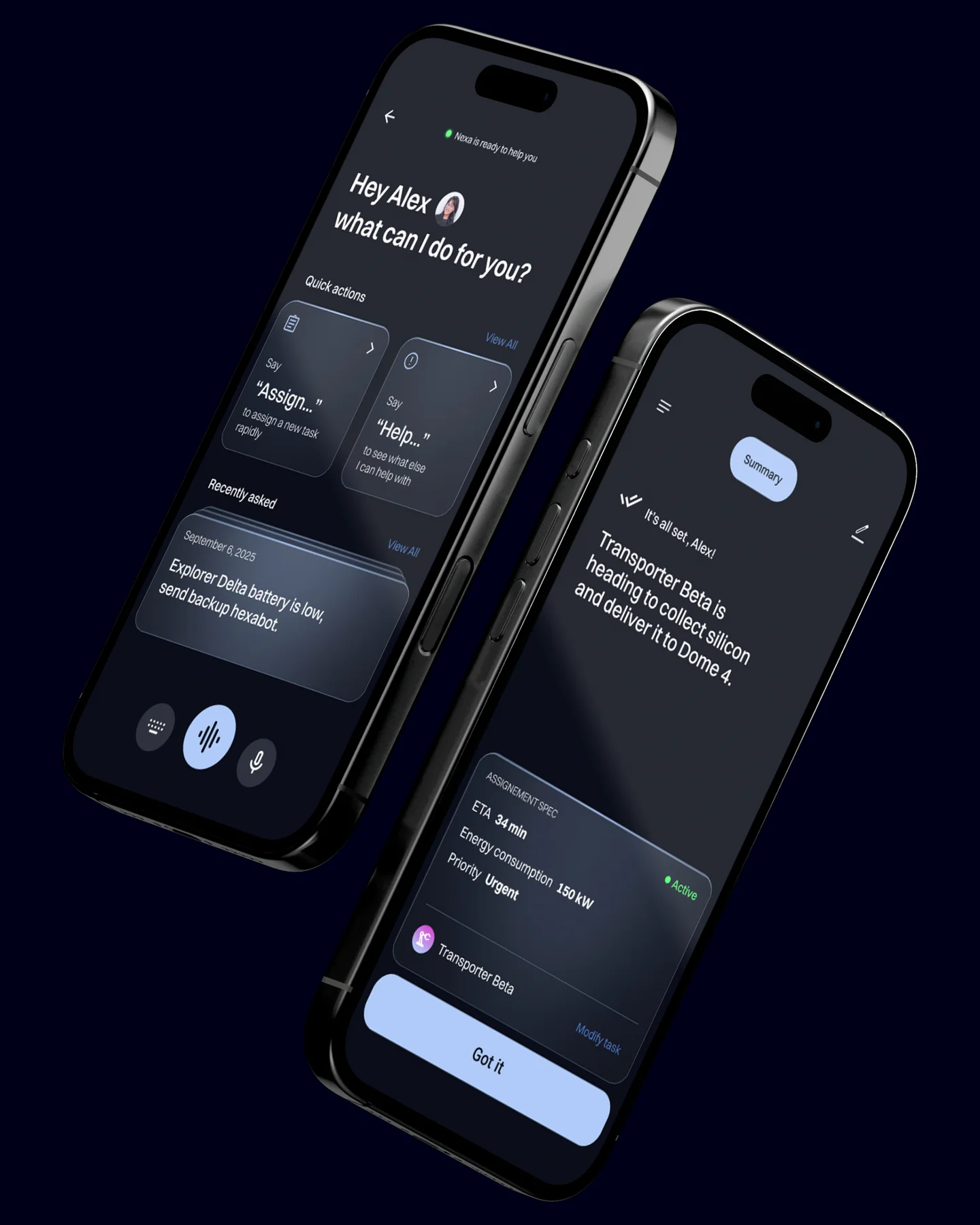 Two phones displaying Nexa robot-status dashboards and assistant messages.