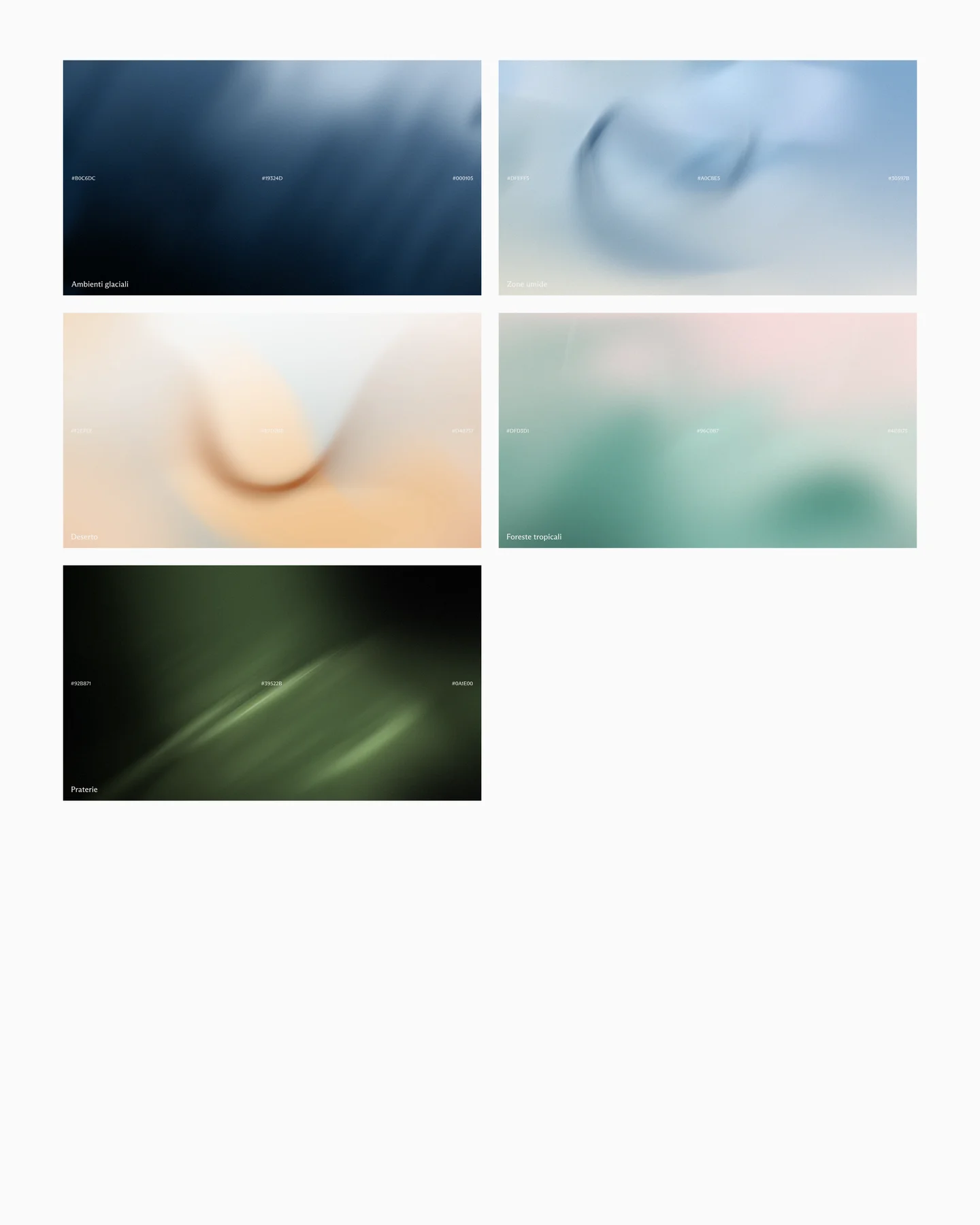 Five abstract landscape visuals representing the project’s soundscape ecosystems.