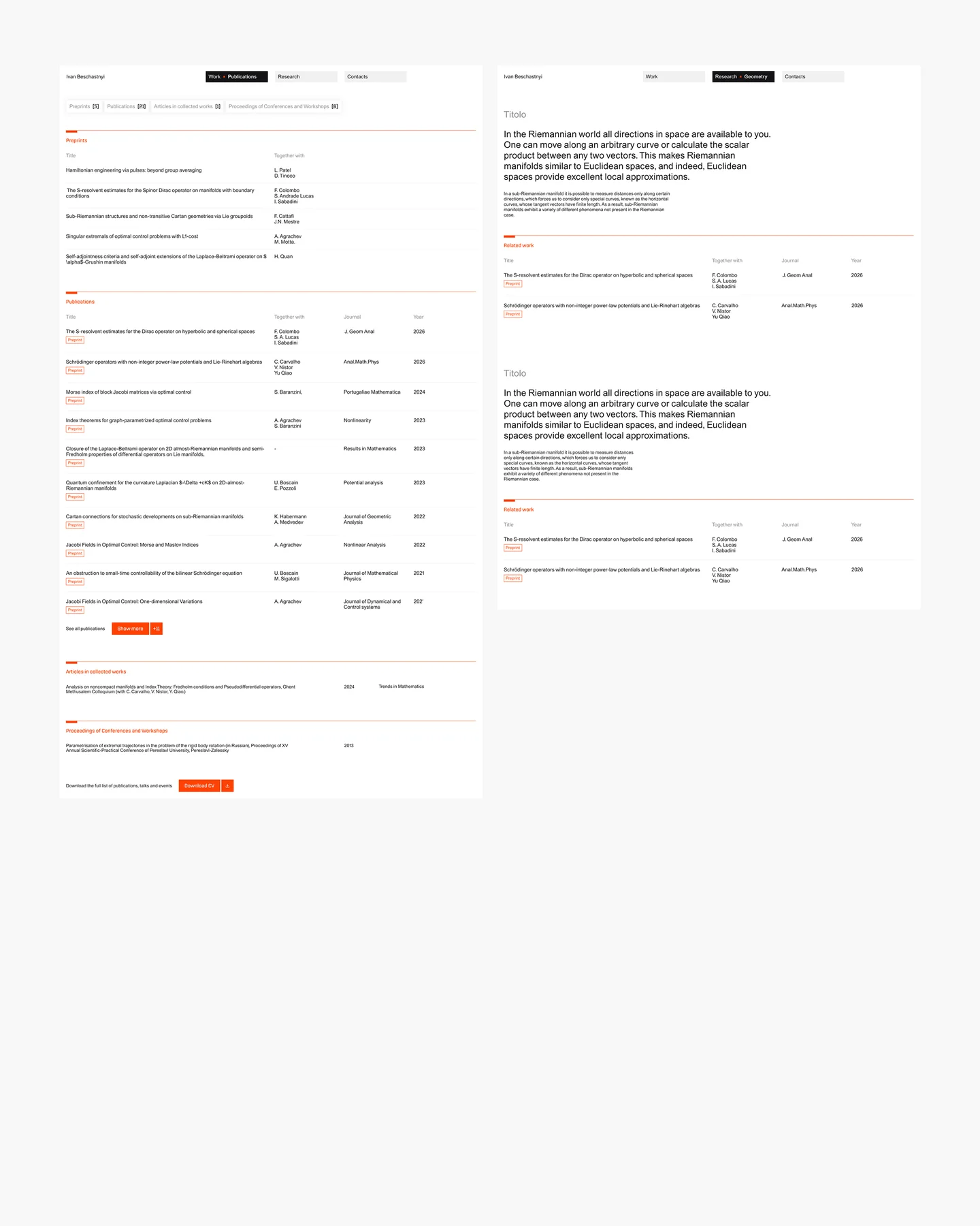 Desktop Work and Research page layouts with publications and academic information.