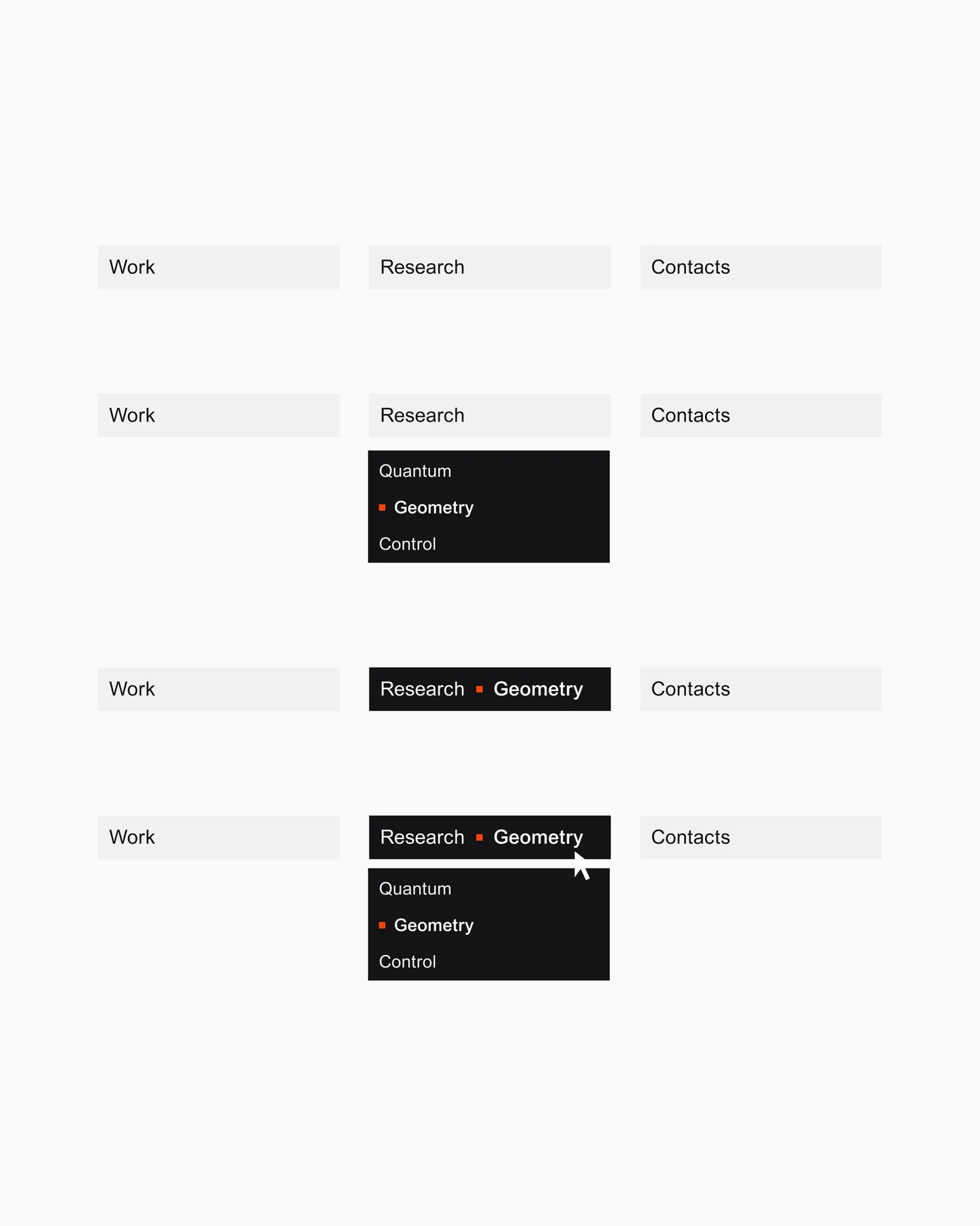 Website navigation states showing Work, Research, Contacts and research topics.