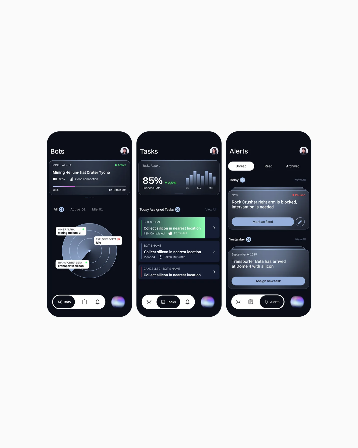Three Nexa screens showing robot operations, tasks and assistant chat.