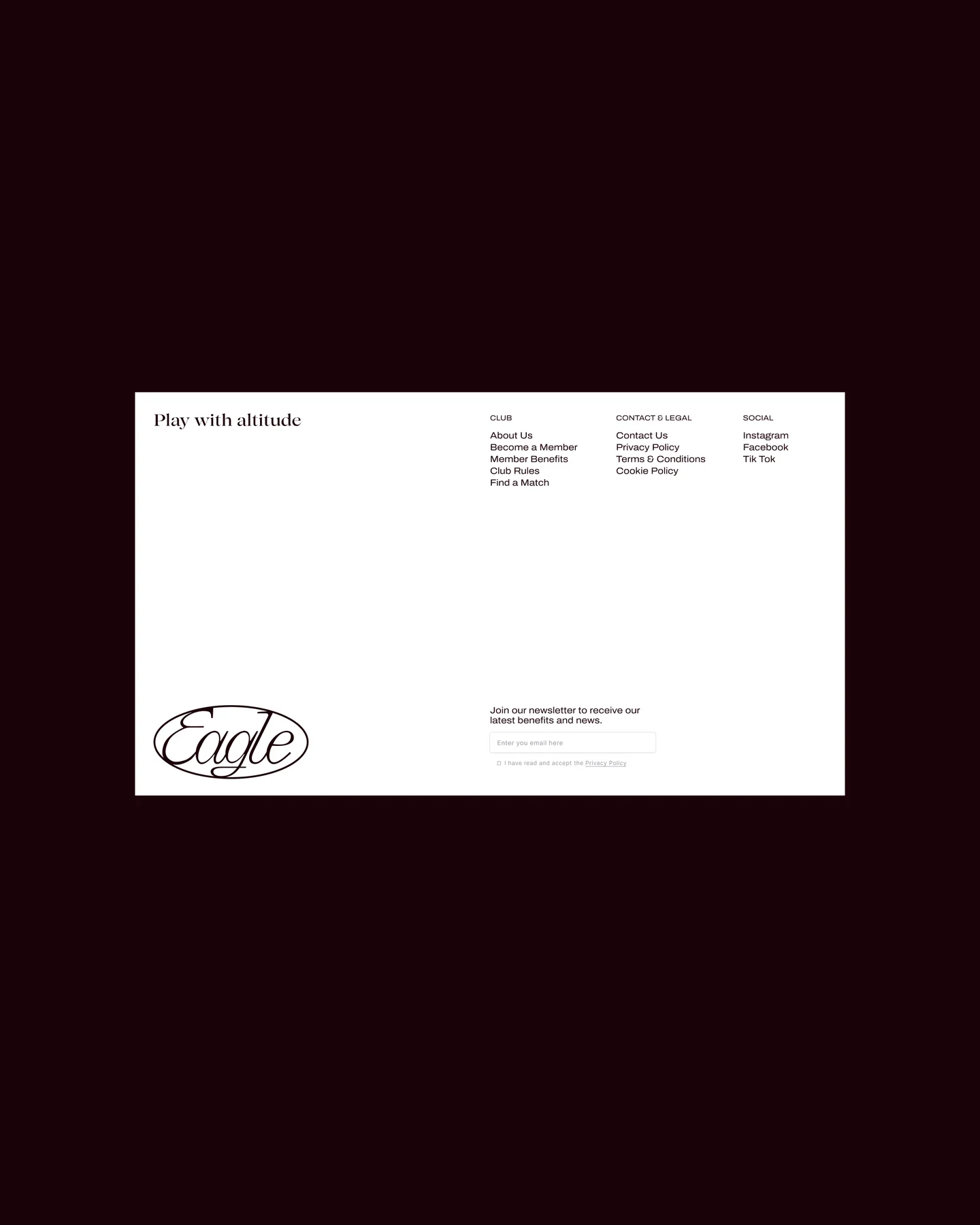 Eagle contact and club information arranged on a white card over dark burgundy.