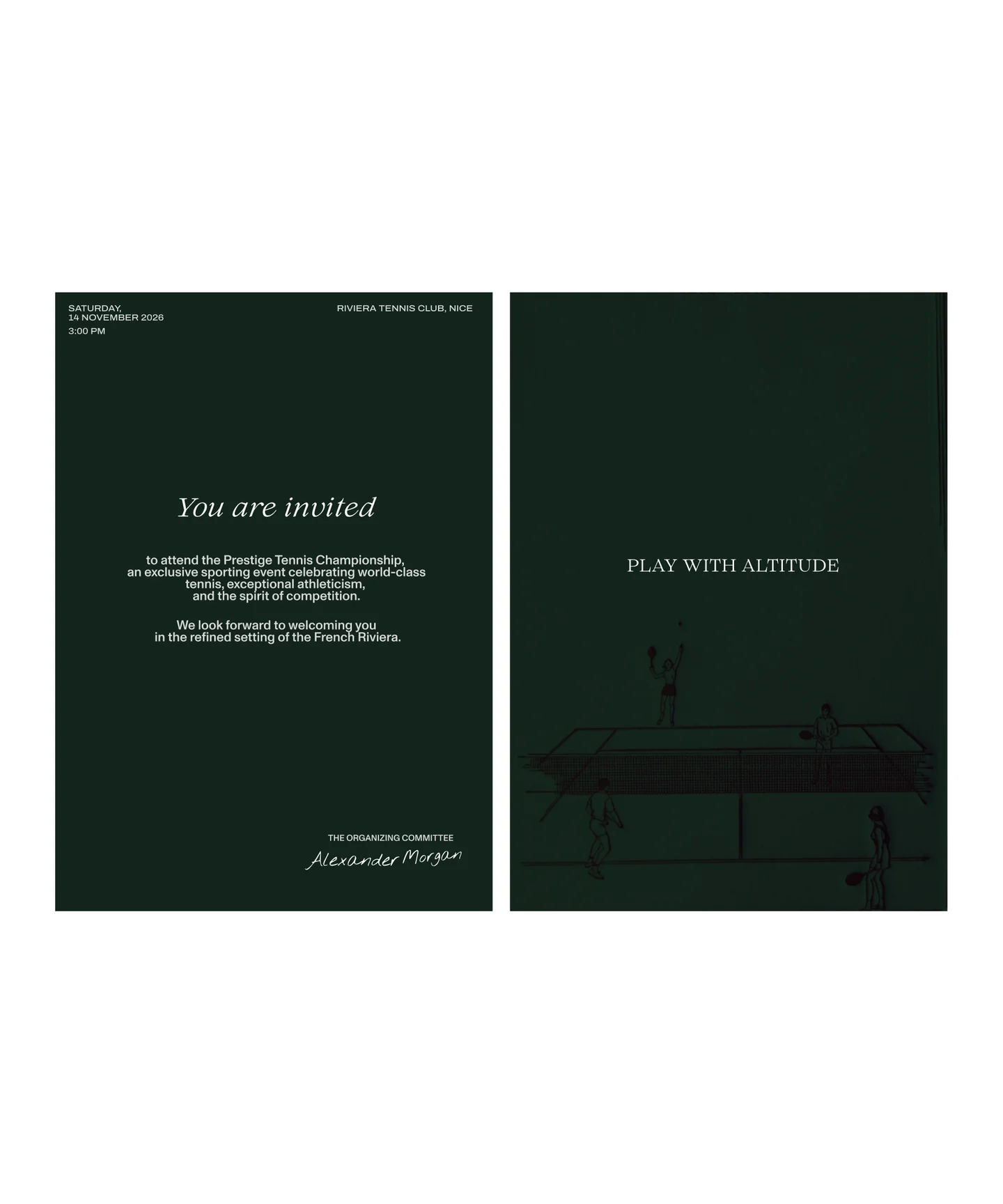 Two dark green Eagle tennis club invitation cards.