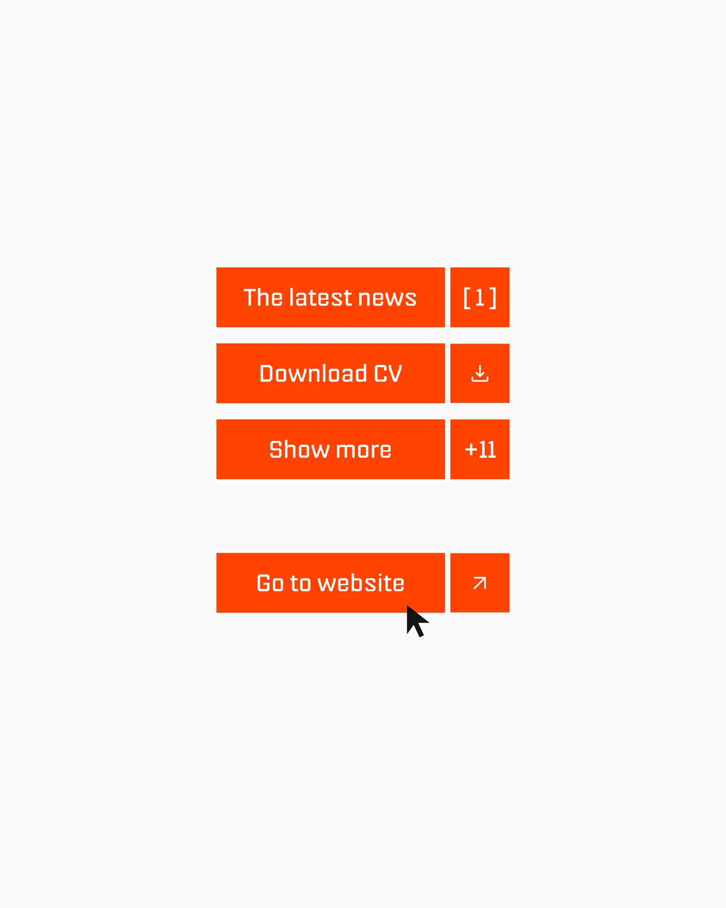 Orange website buttons for news, downloading a CV and showing more content.