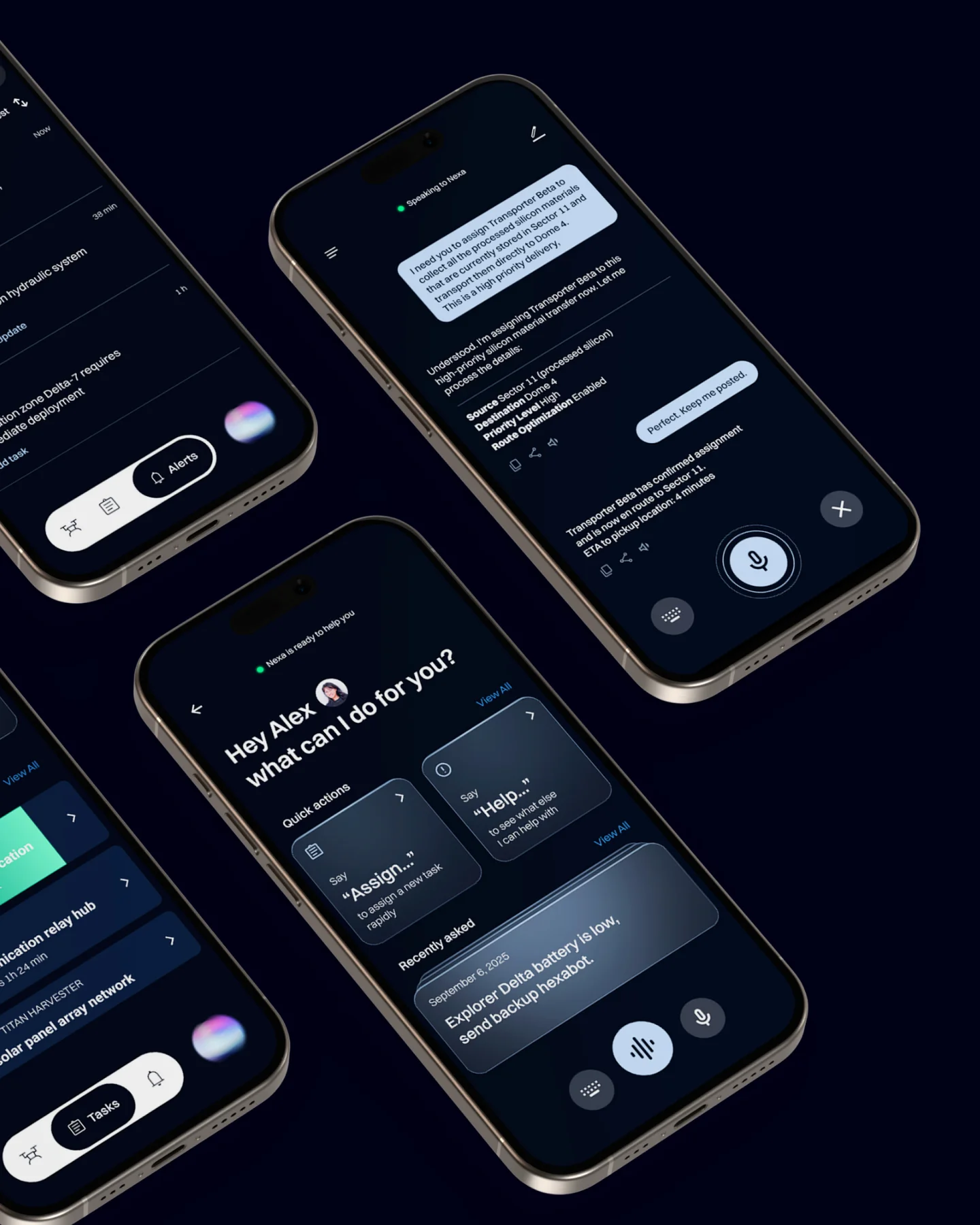 Angled Nexa interface screens on a dark background.