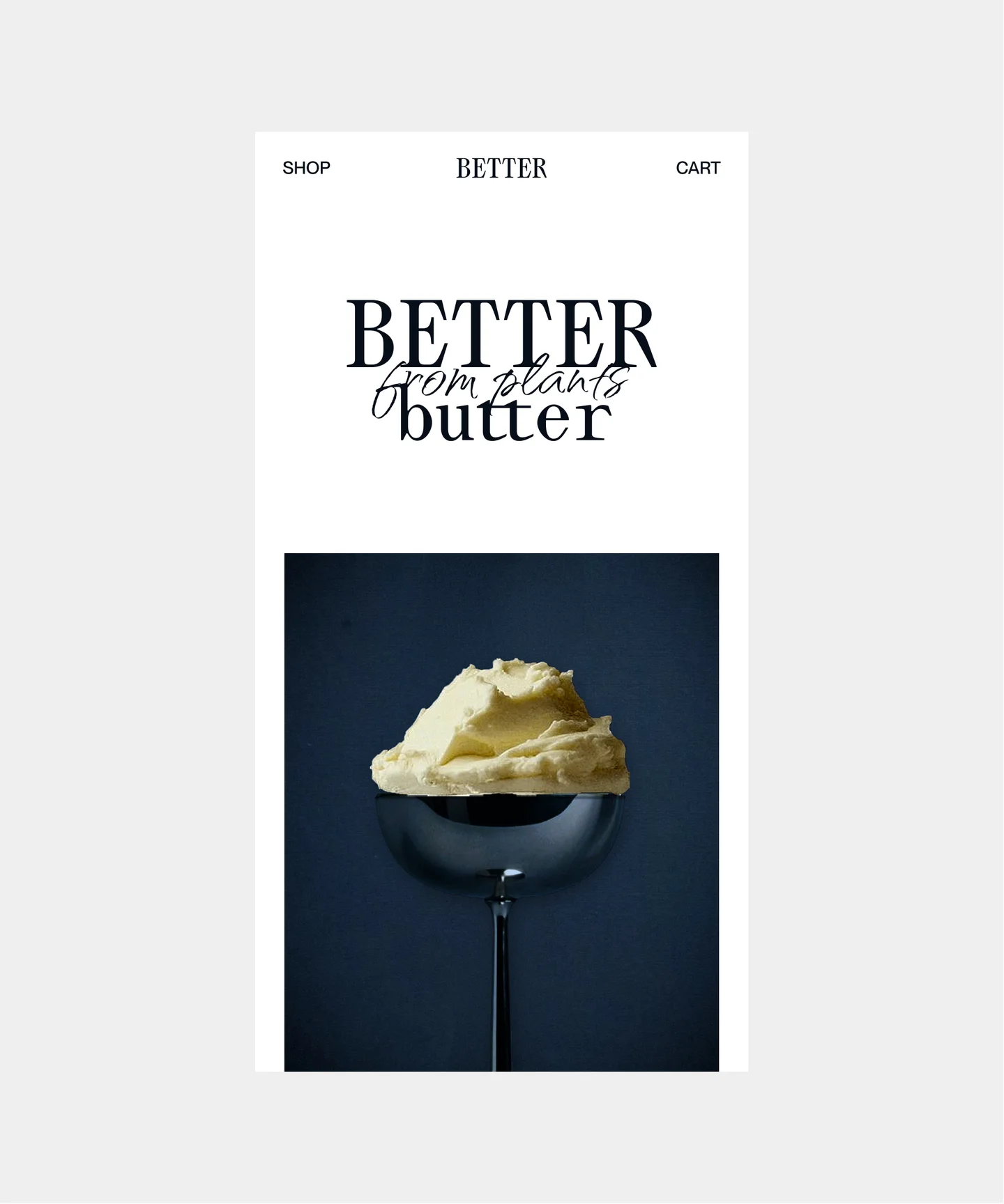 Better butter mobile shop design with a butter-filled bowl on a dark background.
