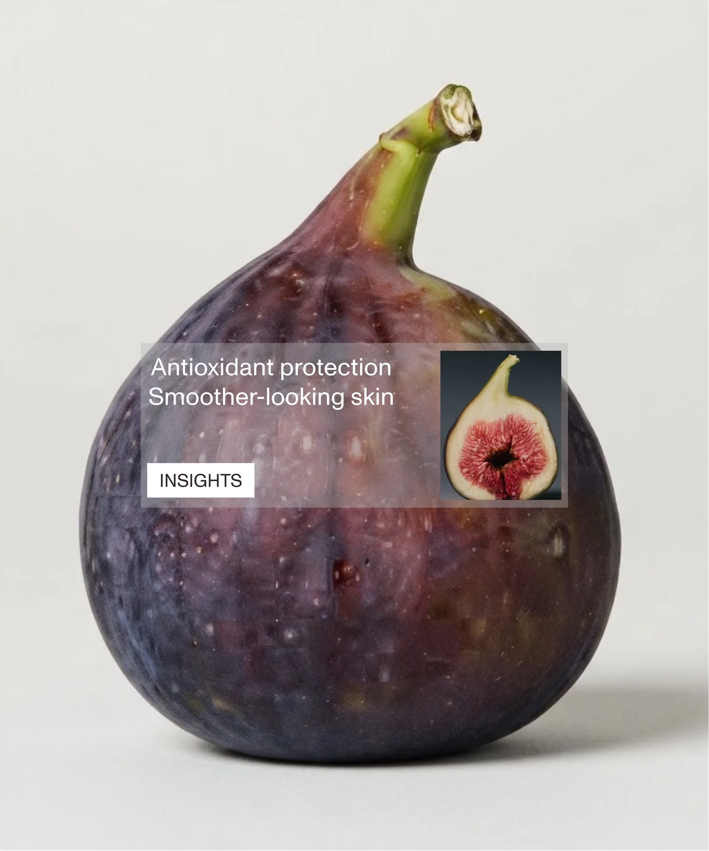 A fig with a translucent skincare information card about antioxidant protection.