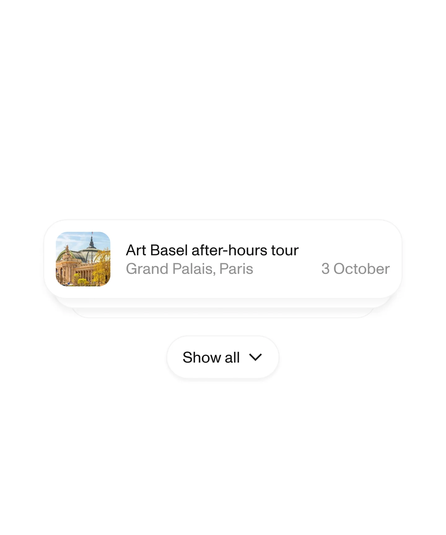 Art Basel after-hours tour event card with a Show all control.