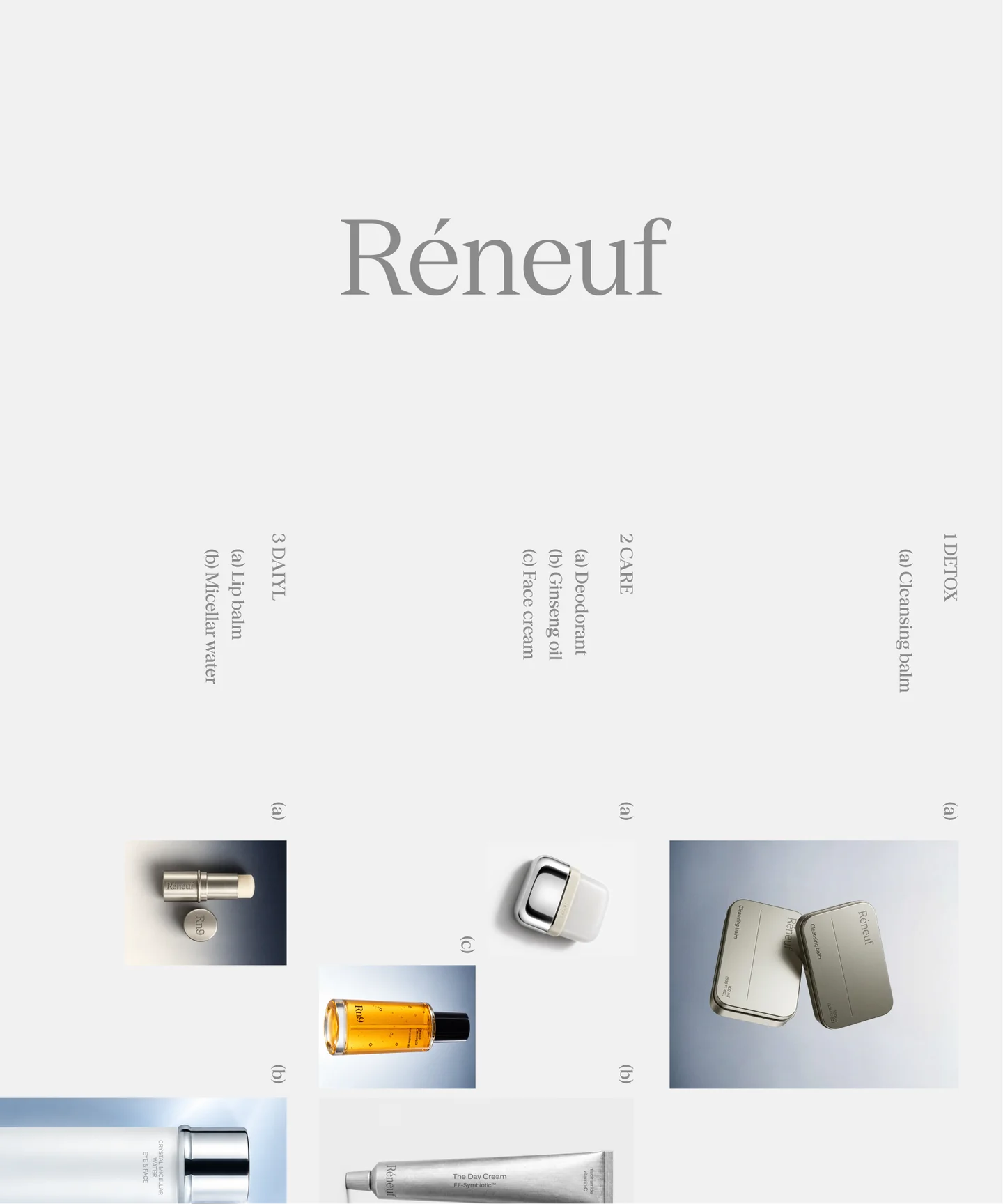 Réneuf website layout with skincare packaging and product photography.