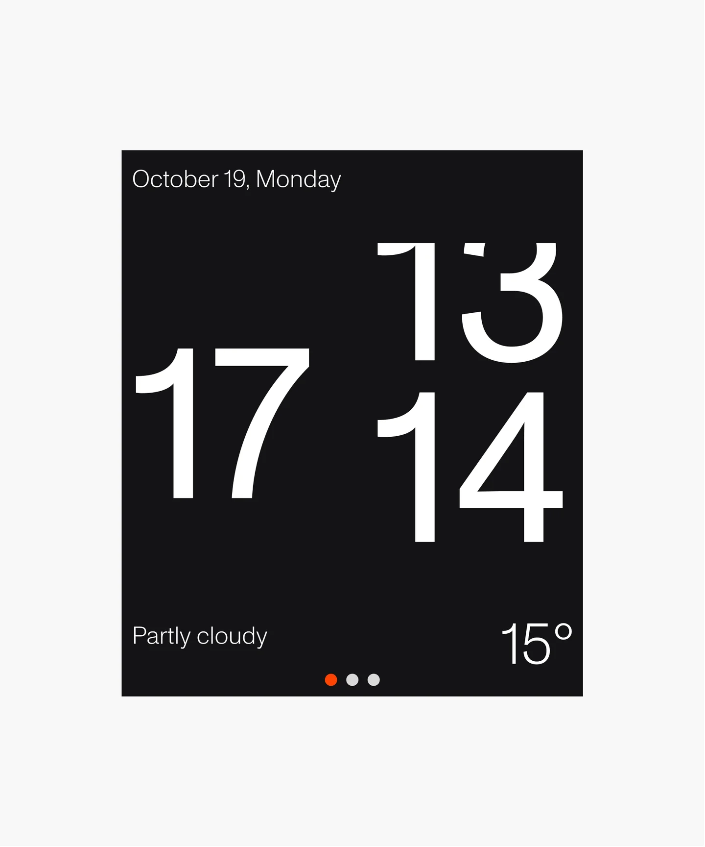 Black clock and weather widget with oversized white numerals.