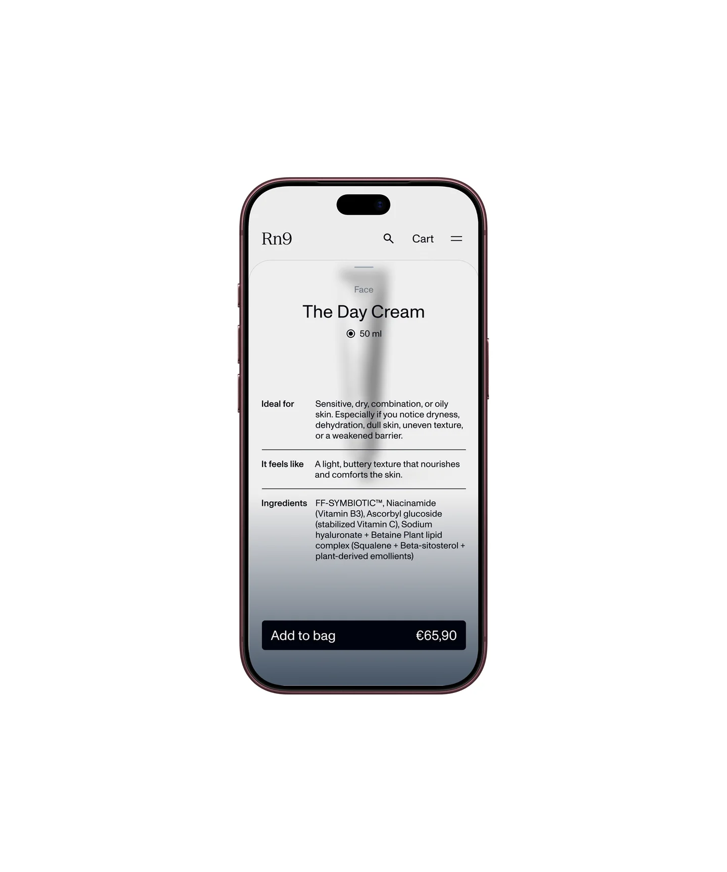 Réneuf Day Cream ingredient information displayed on a phone.
