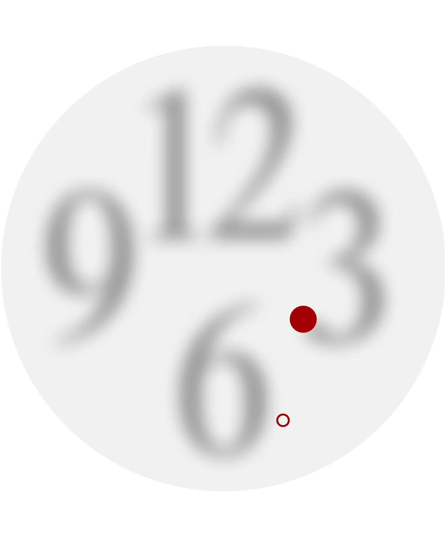 Blurred clock numerals with red dots on a pale circular face.