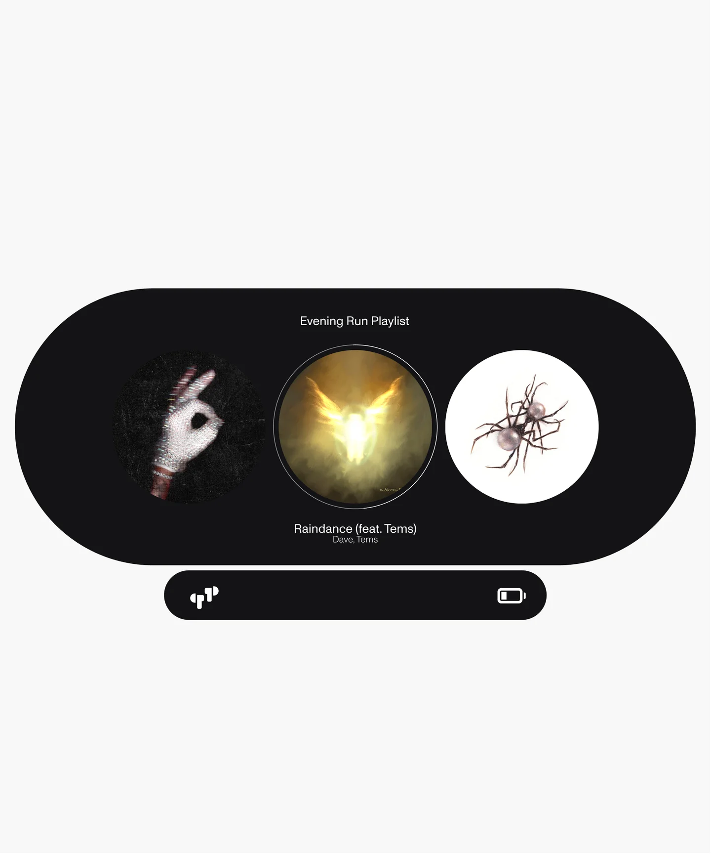 Evening Run Playlist music player with three circular cover images.